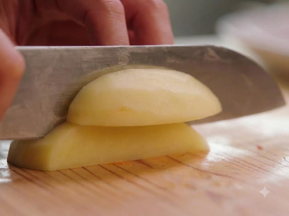 A peeled potato being cut into small pieces on a wooden cutting board using a sharp knife.