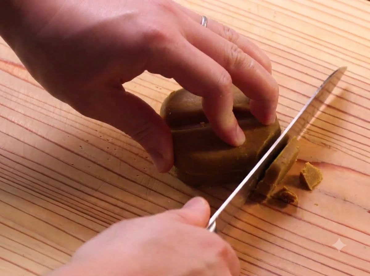 A knife slicing through Japanese curry blocks on a wooden cutting board.