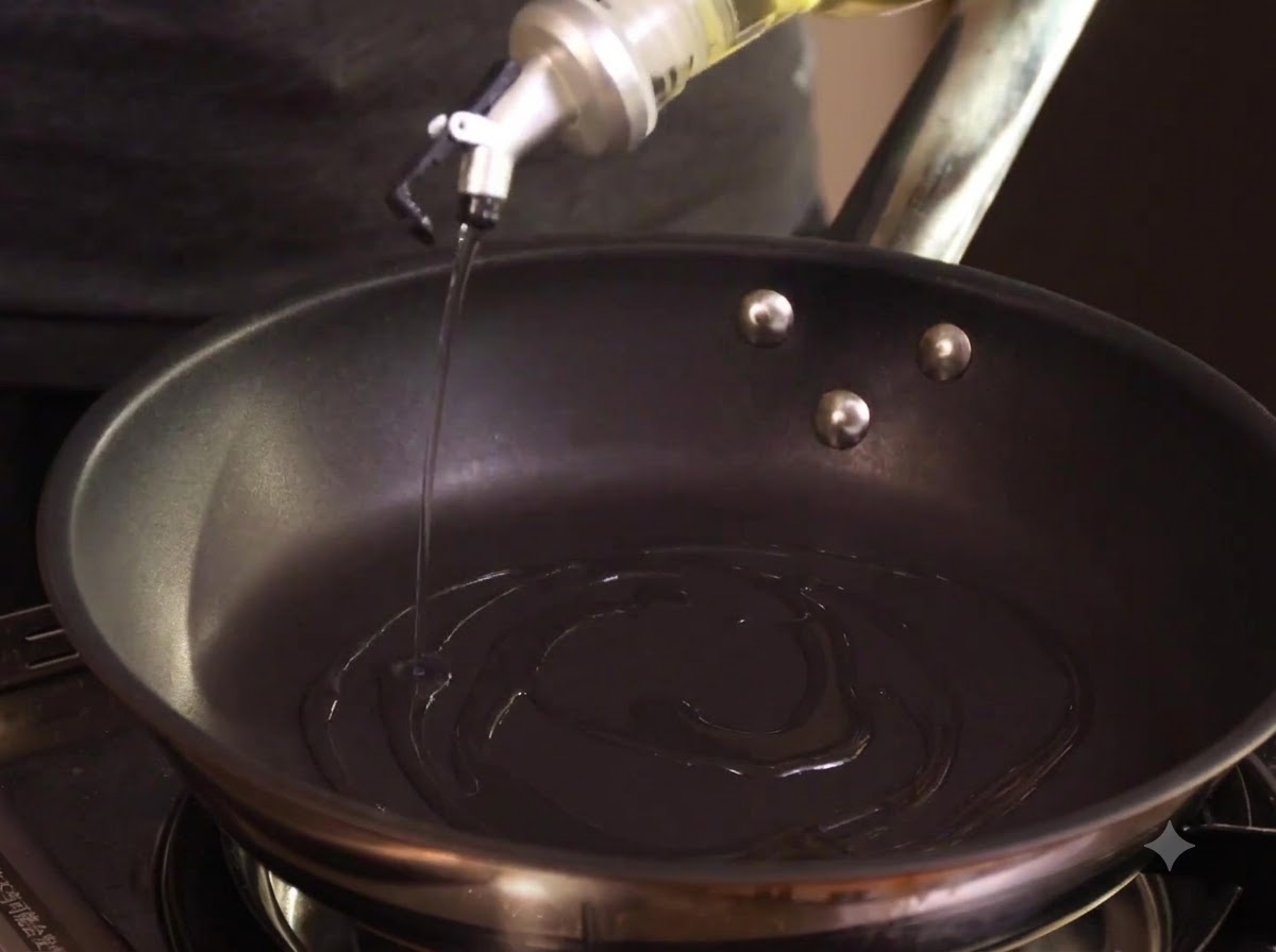 Marinated chicken pieces being added to a hot pan with oil to be fried.