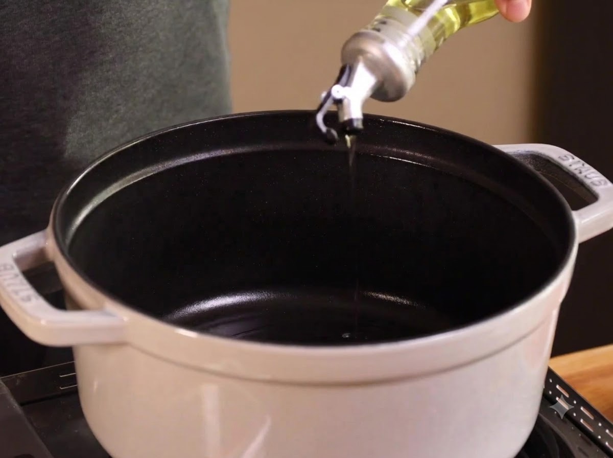 Oil being poured into a white stew pot to heat up.