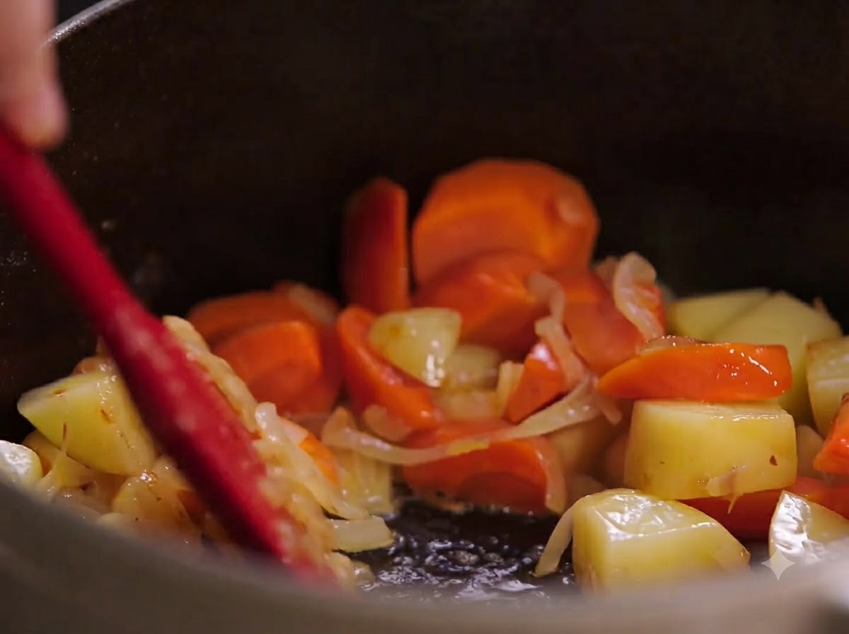 Pan-fried chicken pieces being added into the pot with vegetables.