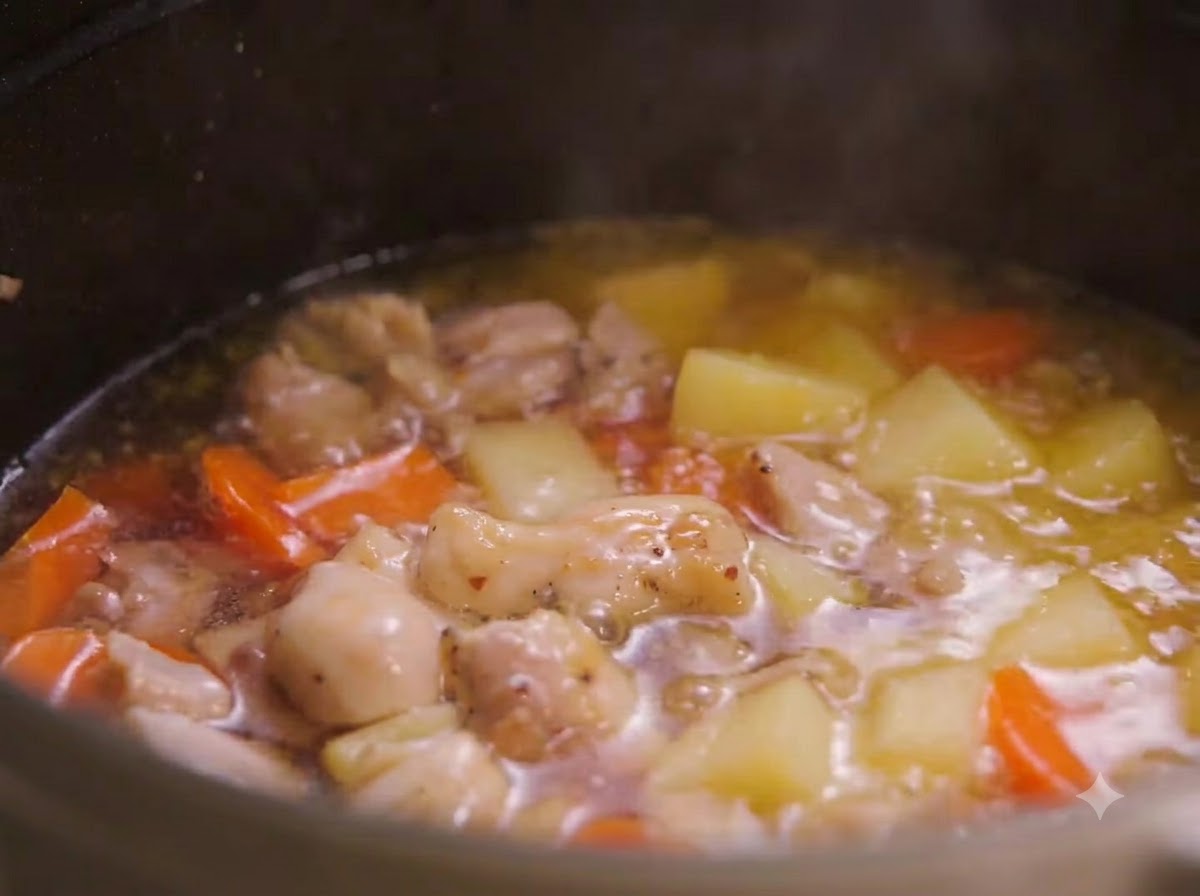 Broth bubbling in a pot with chicken, potatoes, and carrots as the curry dissolves.
