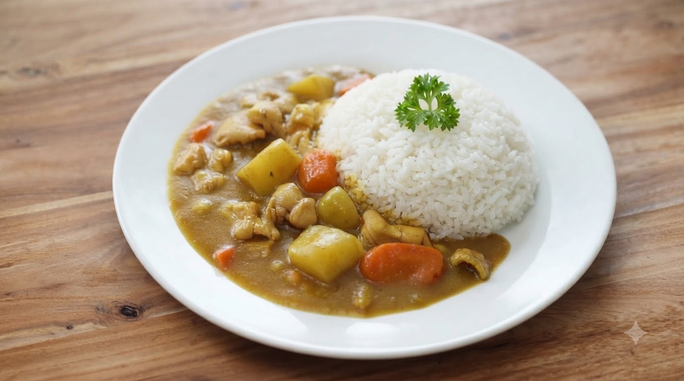 A plate of Japanese curry chicken rice with glossy golden curry sauce covering tender chicken chunks, soft potatoes, and carrots served next to a mound of white rice with a parsley garnish on top.
