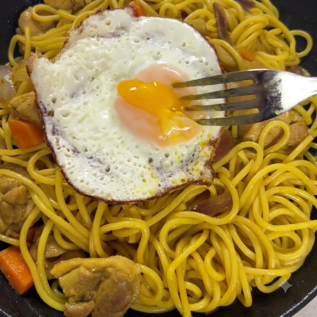 Noodles being lifted and mixed with thick curry sauce in the pan.