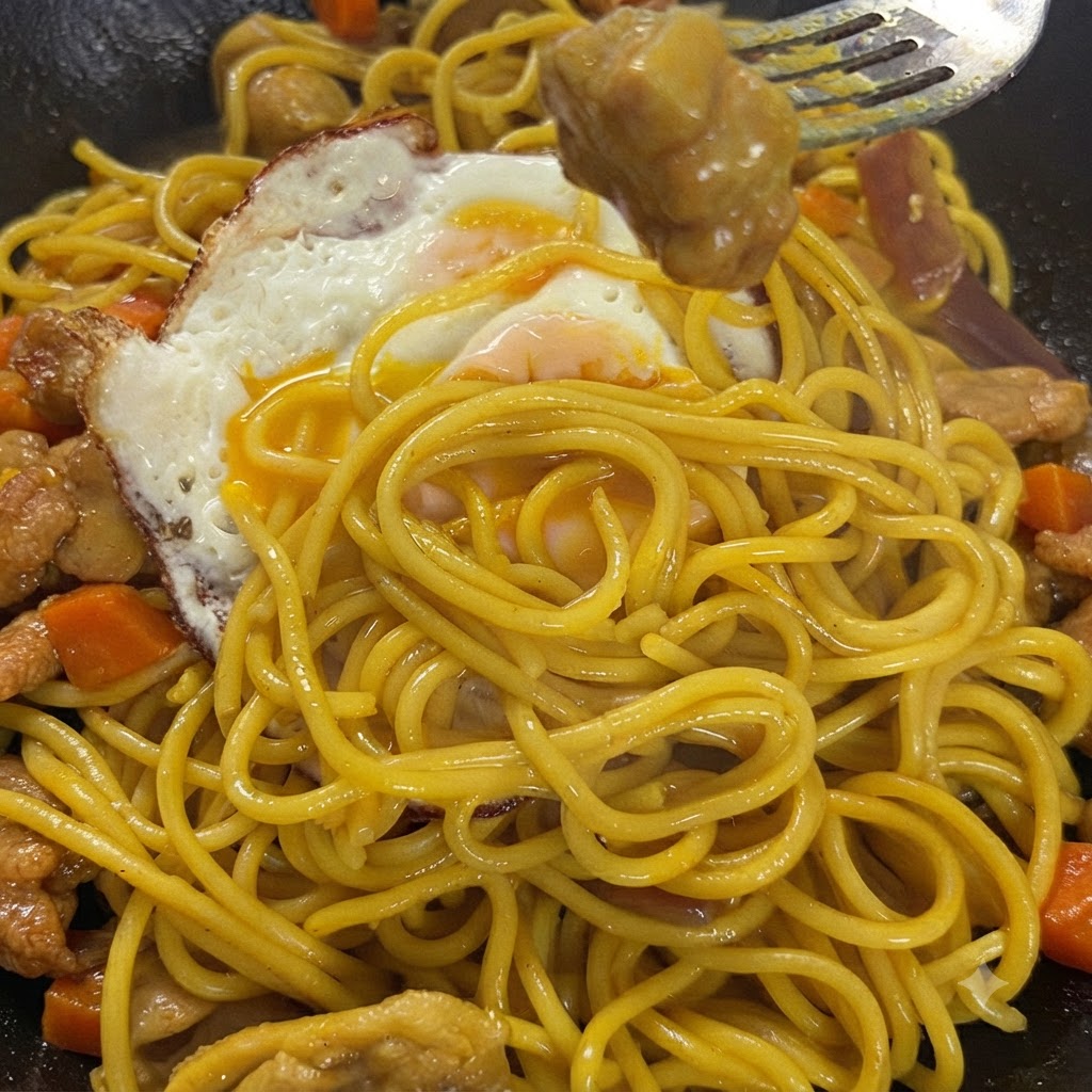 A sunny-side-up egg frying in a pan with crispy edges and a runny yolk.