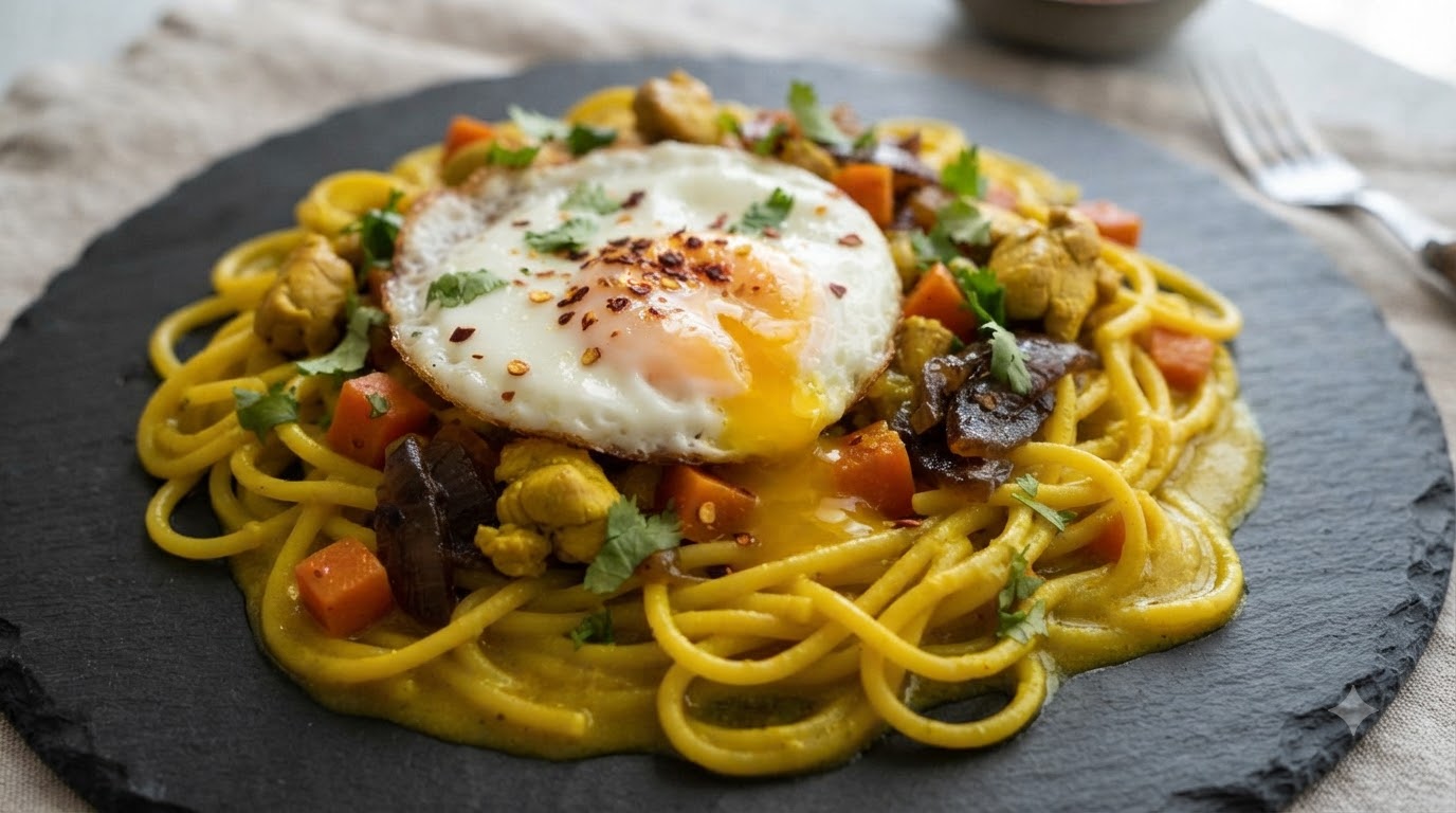 One-Pan Curry Chicken Pasta with Runny Fried Egg