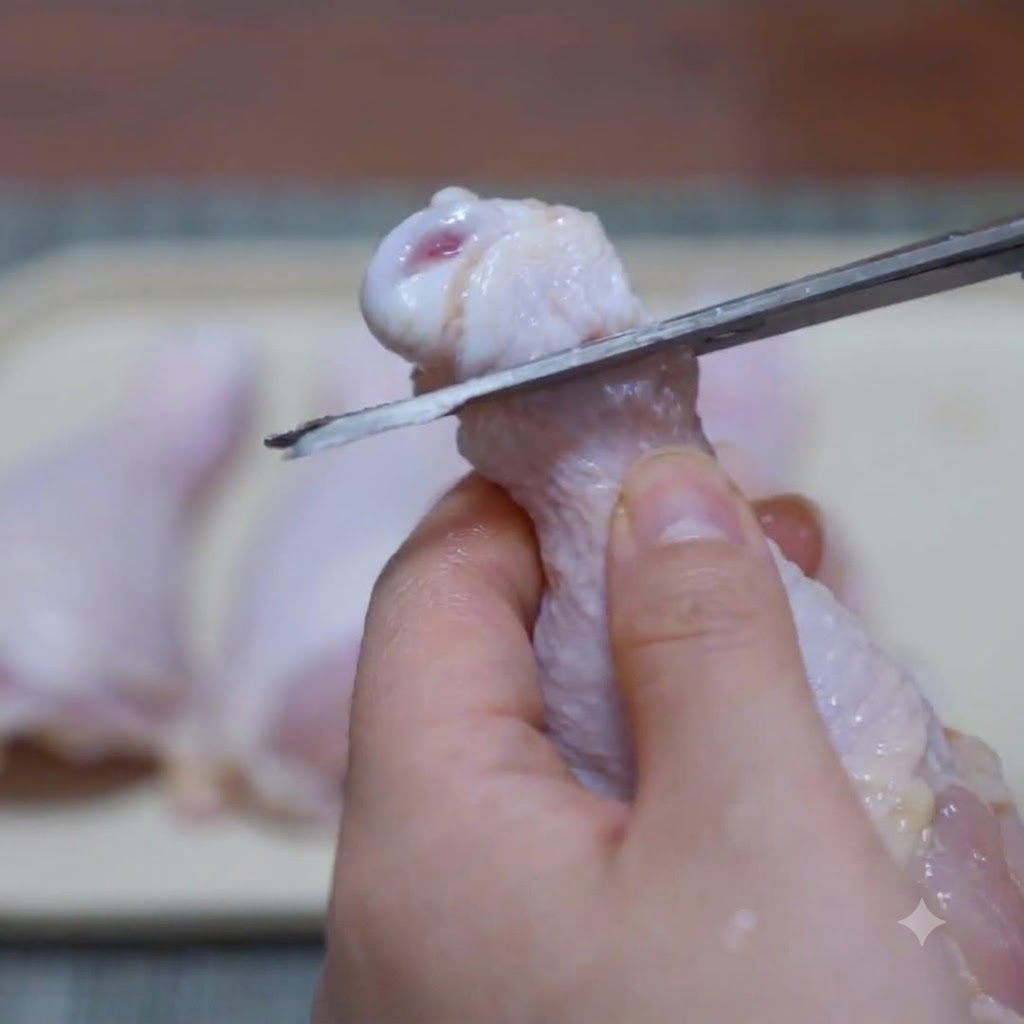 Using kitchen scissors to cut around the joint of a chicken drumstick for debone preparation.
