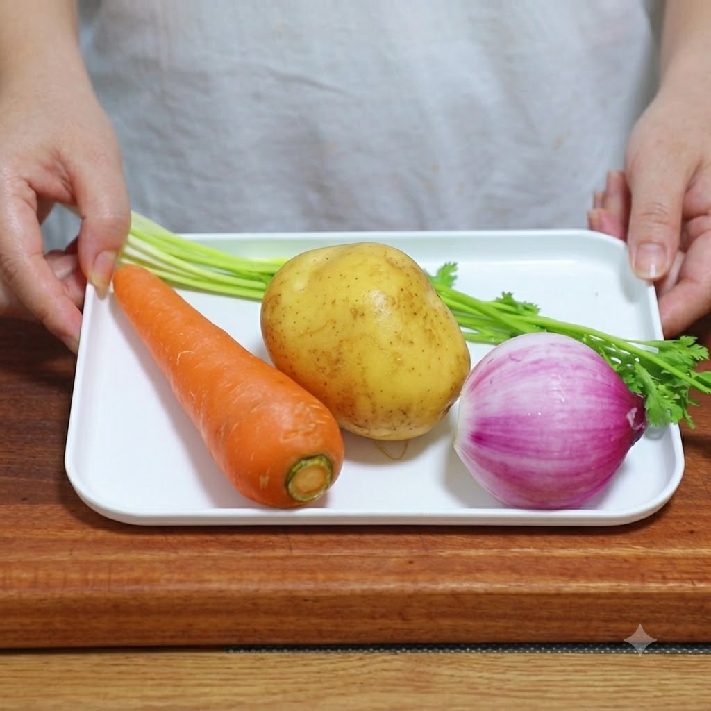 A whole potato, carrot, onion, and cilantro arranged on a white tray ready for cutting.