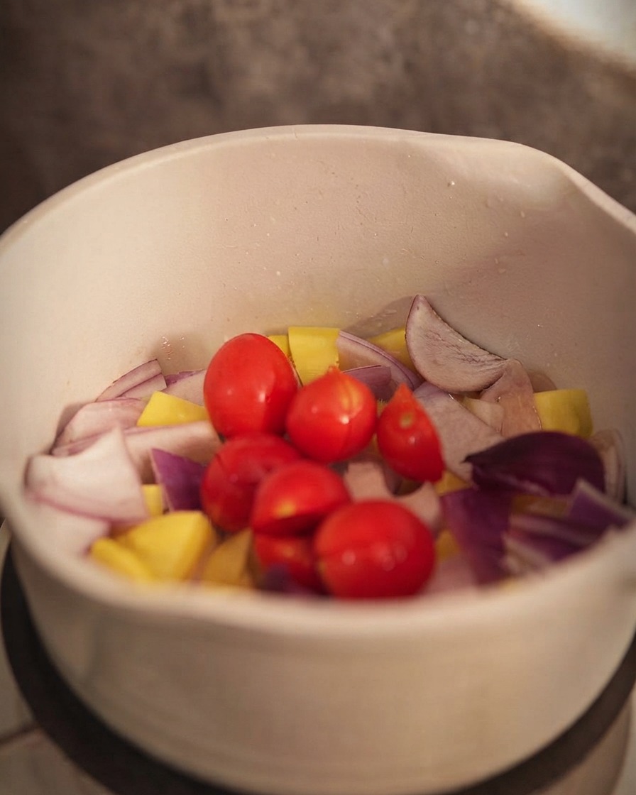 Small tomatoes added to the pot with potatoes and onions.
