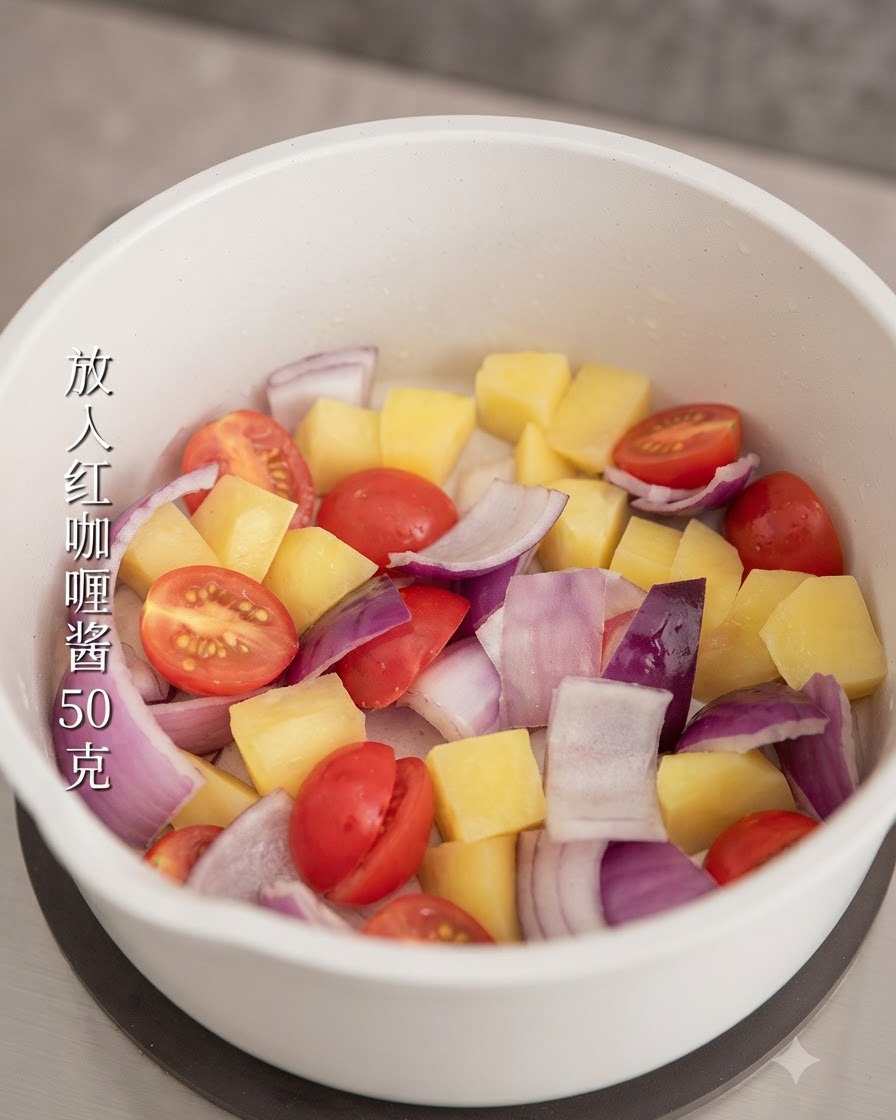 Red curry paste added to the vegetable mix in the pot.