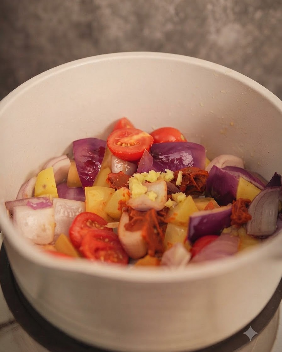 Minced ginger being mixed into the curry and vegetable blend.