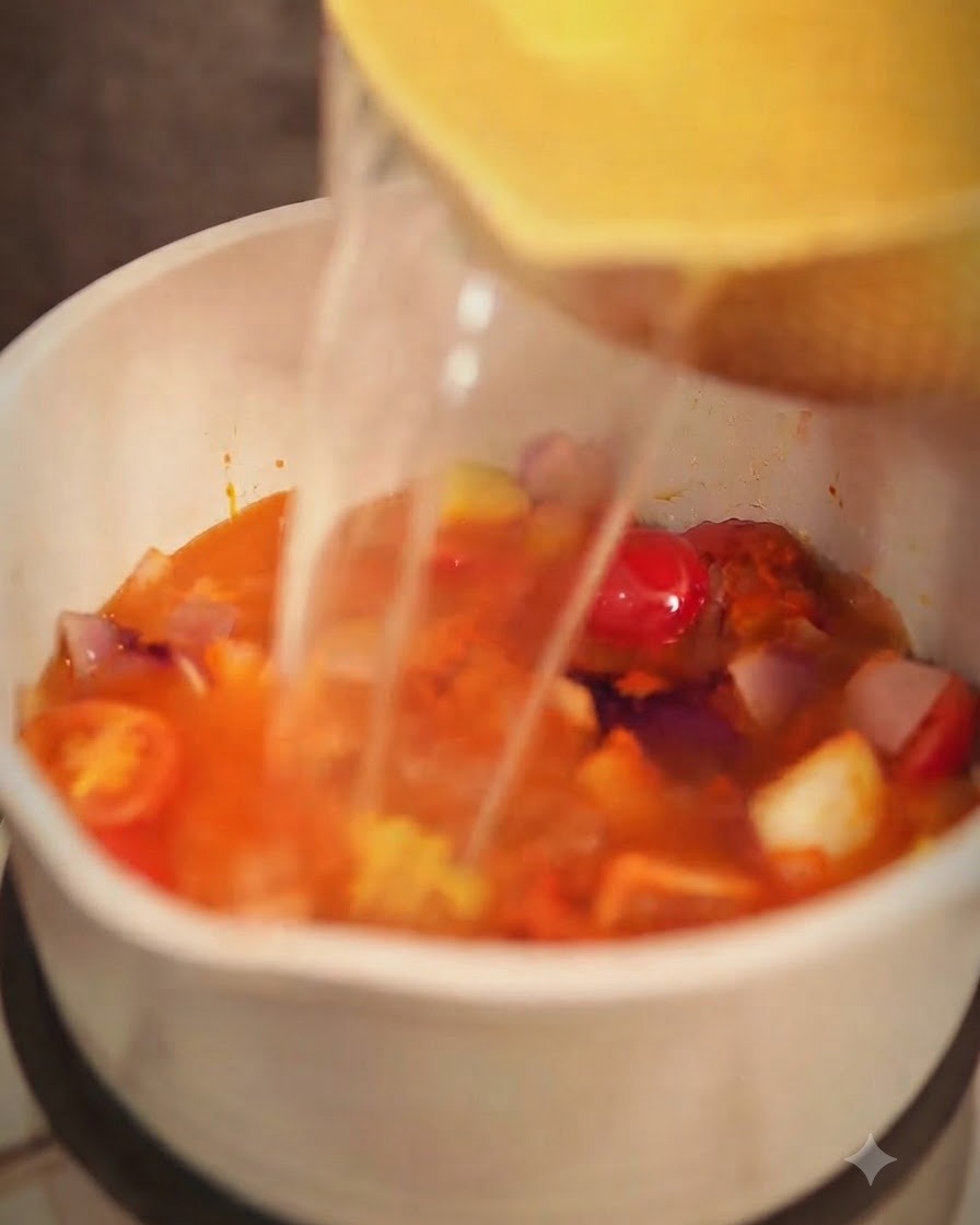 Chicken broth being poured into the pot with the curry and vegetable mixture.