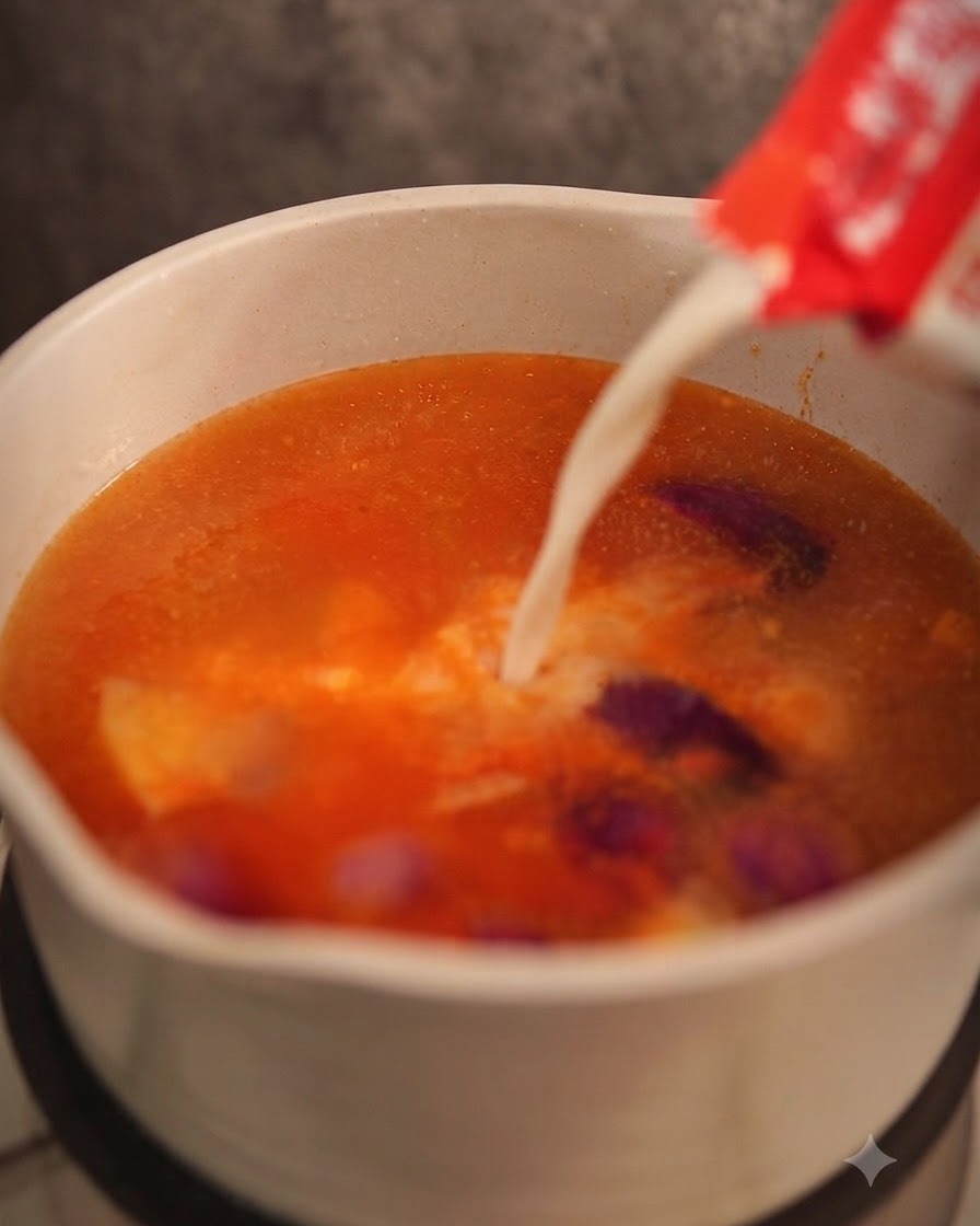 Thick coconut milk being poured from a carton into a pot of simmering red curry broth.
