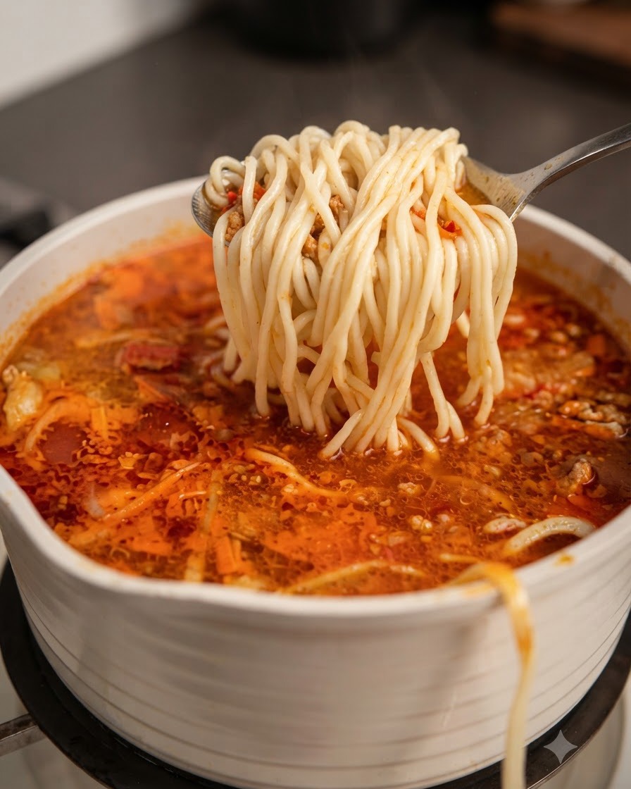 A ladle lifting a portion of cooked noodles over a pot filled with noodle soup.