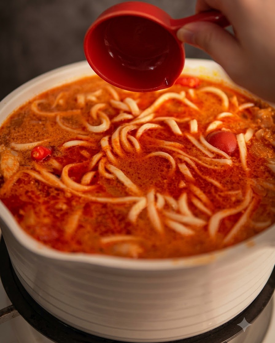 A red measuring cup being used to finish the noodle soup garnished with lime and pepper.