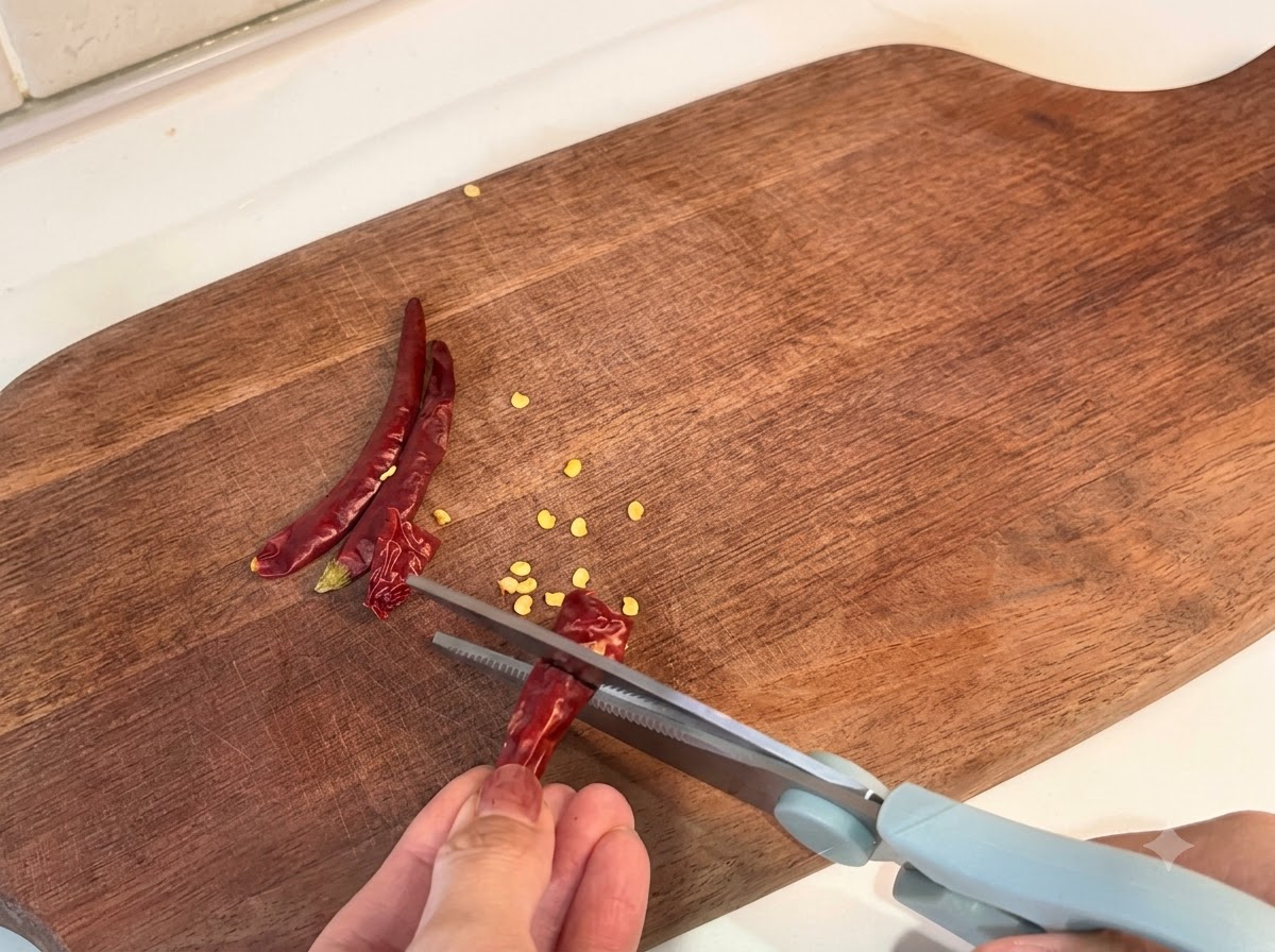 Dried chili peppers being snipped into sections using kitchen shears on a wooden board.