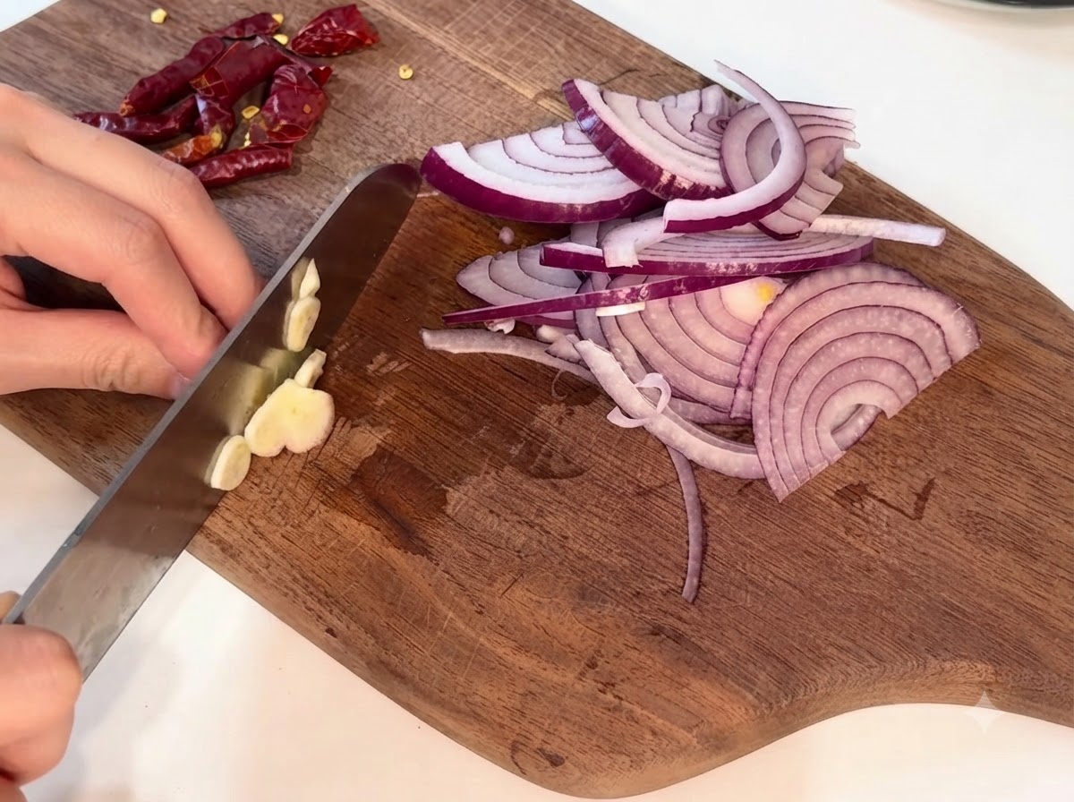 Garlic cloves being sliced into thin pieces on a wooden cutting board.