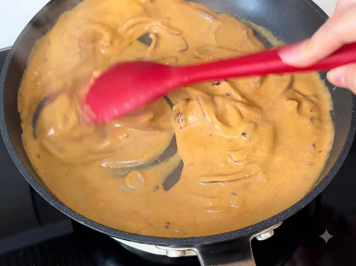 A red spatula stirring creamy orange curry sauce inside a pan.