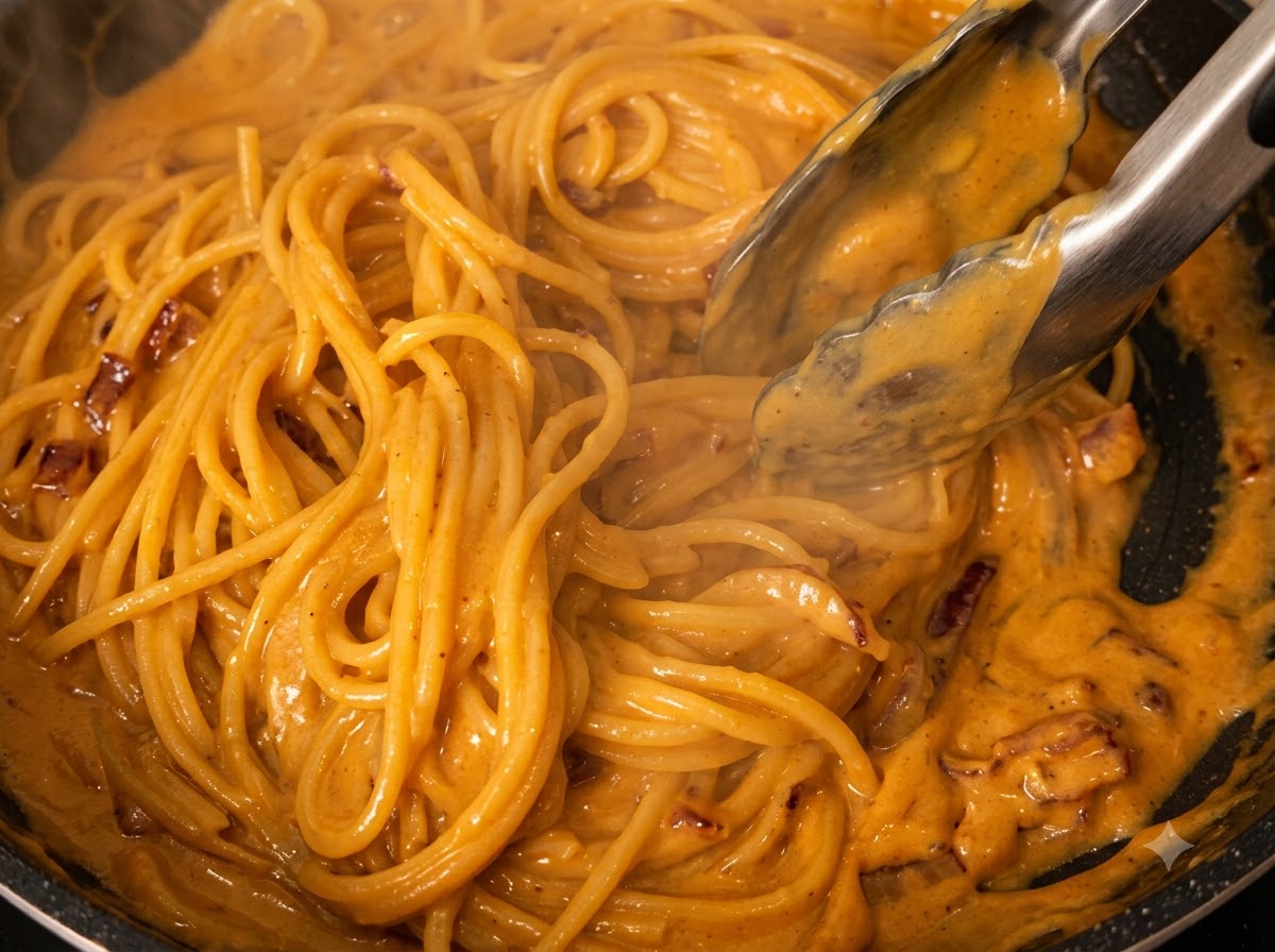 Spaghetti pasta being tossed in a rich curry cream sauce with tongs.