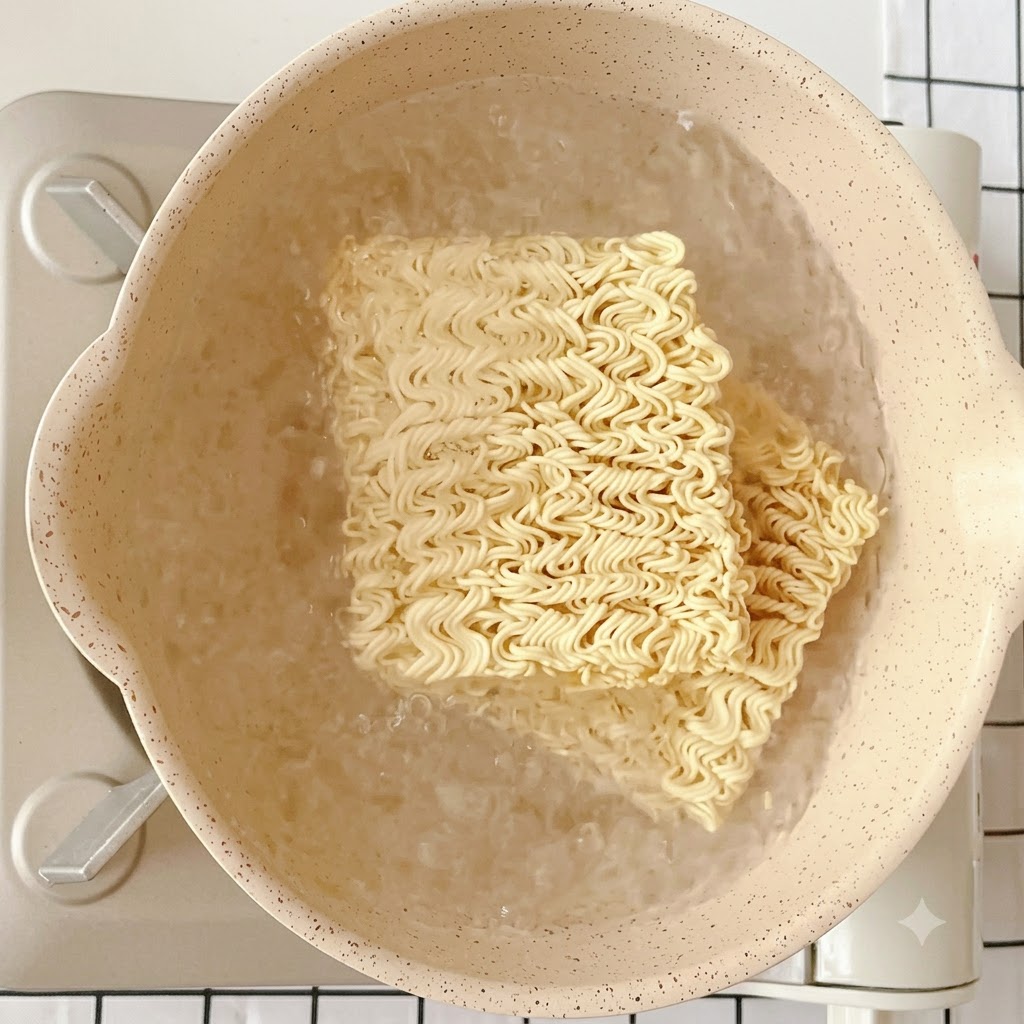 Two blocks of instant noodles placed inside a pot of boiling water on the stove.