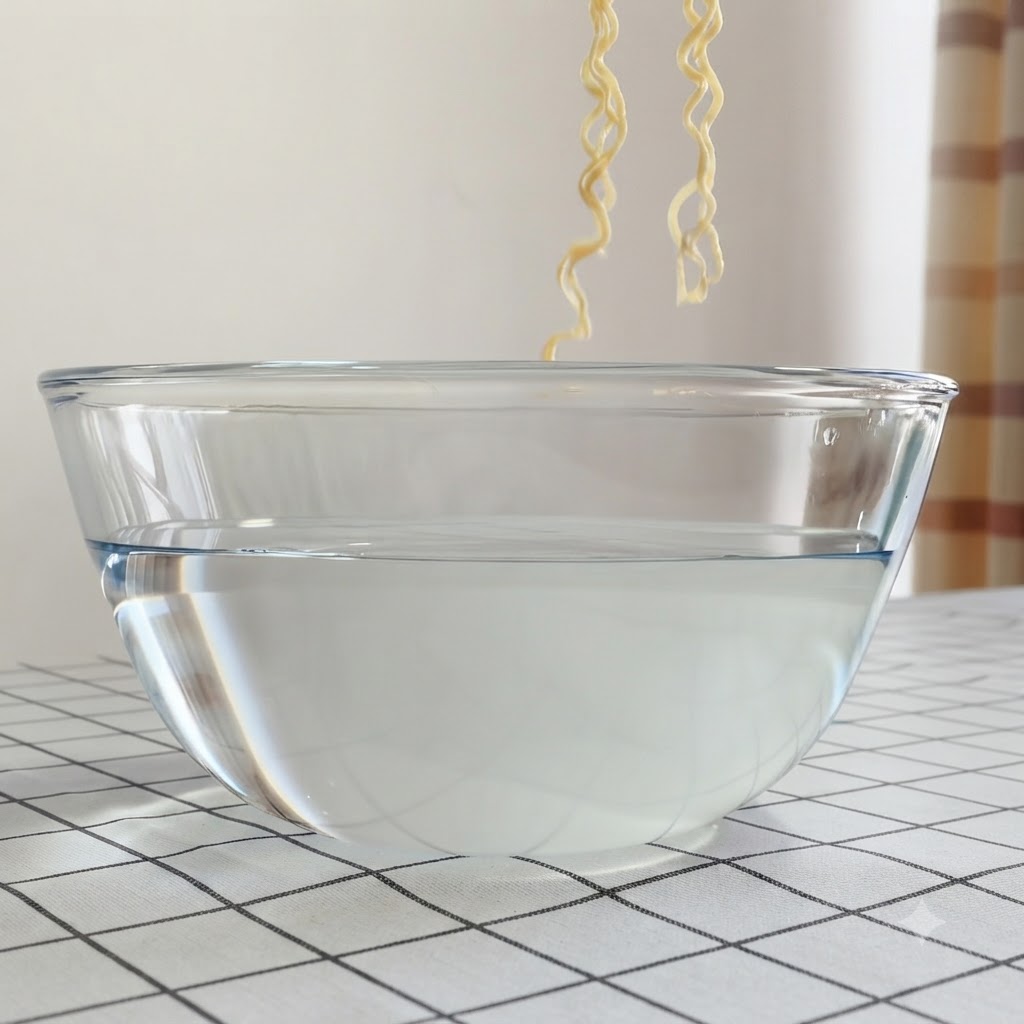 Noodles being dipped into a clear glass bowl filled with cold water.