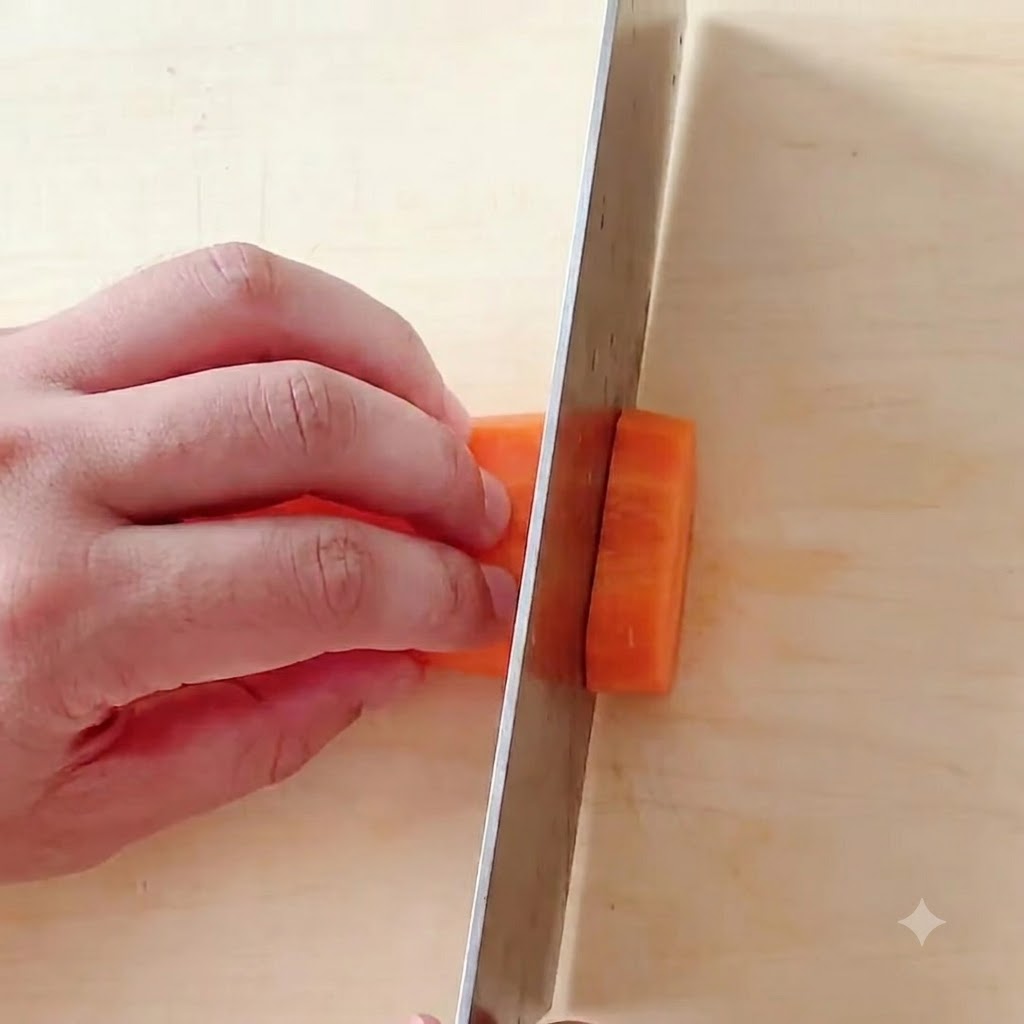 Carrots being sliced into small uniform cubes on a wooden cutting board.