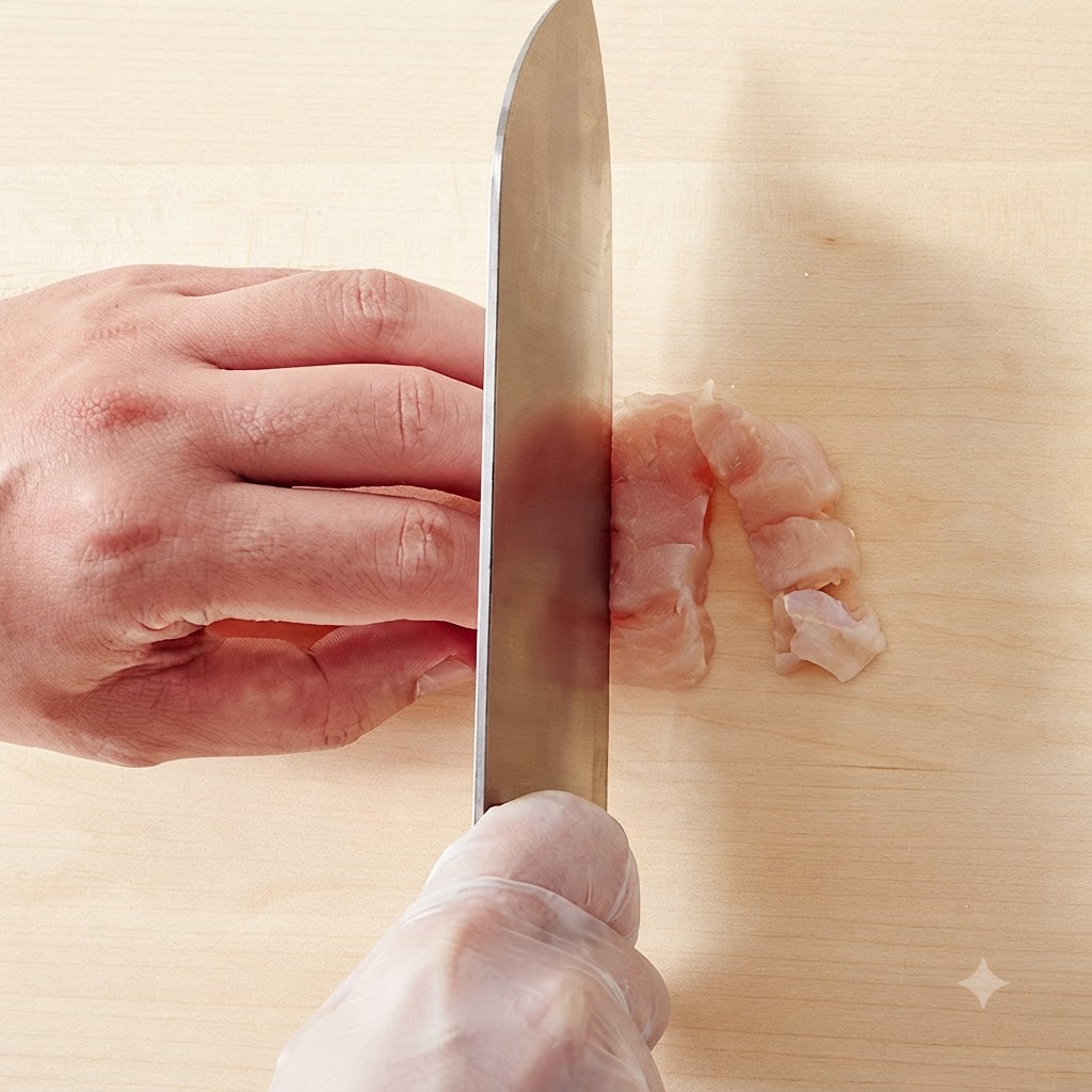 Chicken breast meat being cut into small pieces on a wooden cutting board.