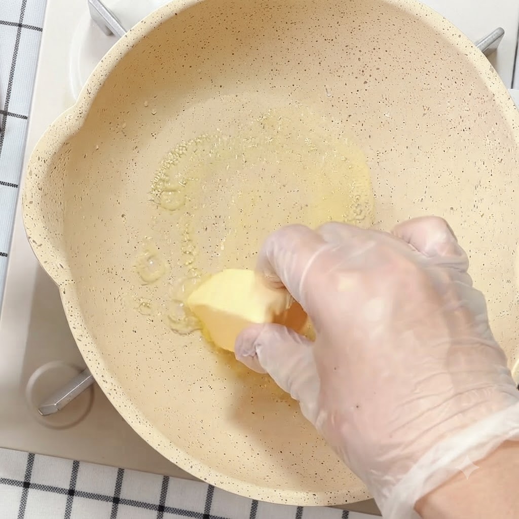 A block of yellow butter melting into liquid in a ceramic non-stick pan.
