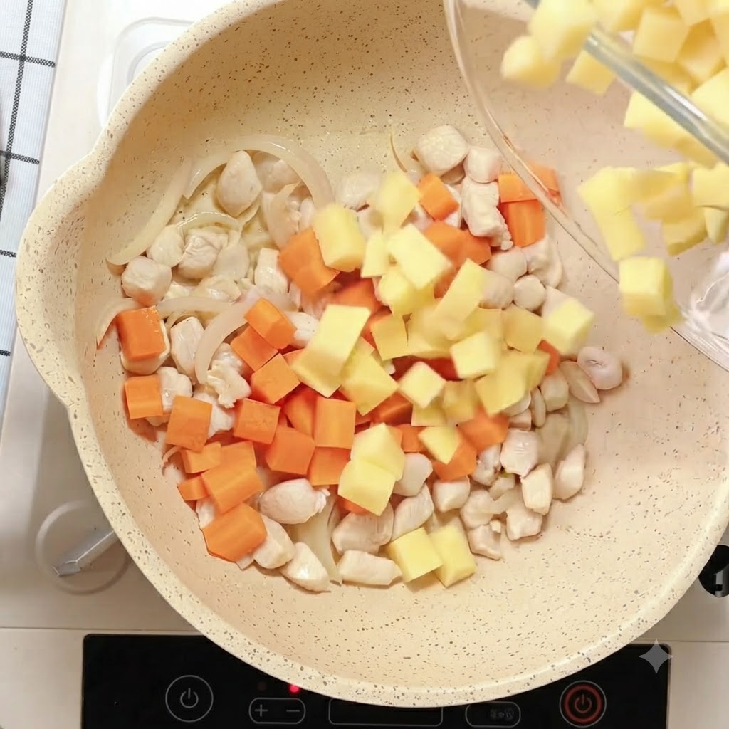Yellow potato cubes being poured into the pan with the chicken, carrots, and onions.
