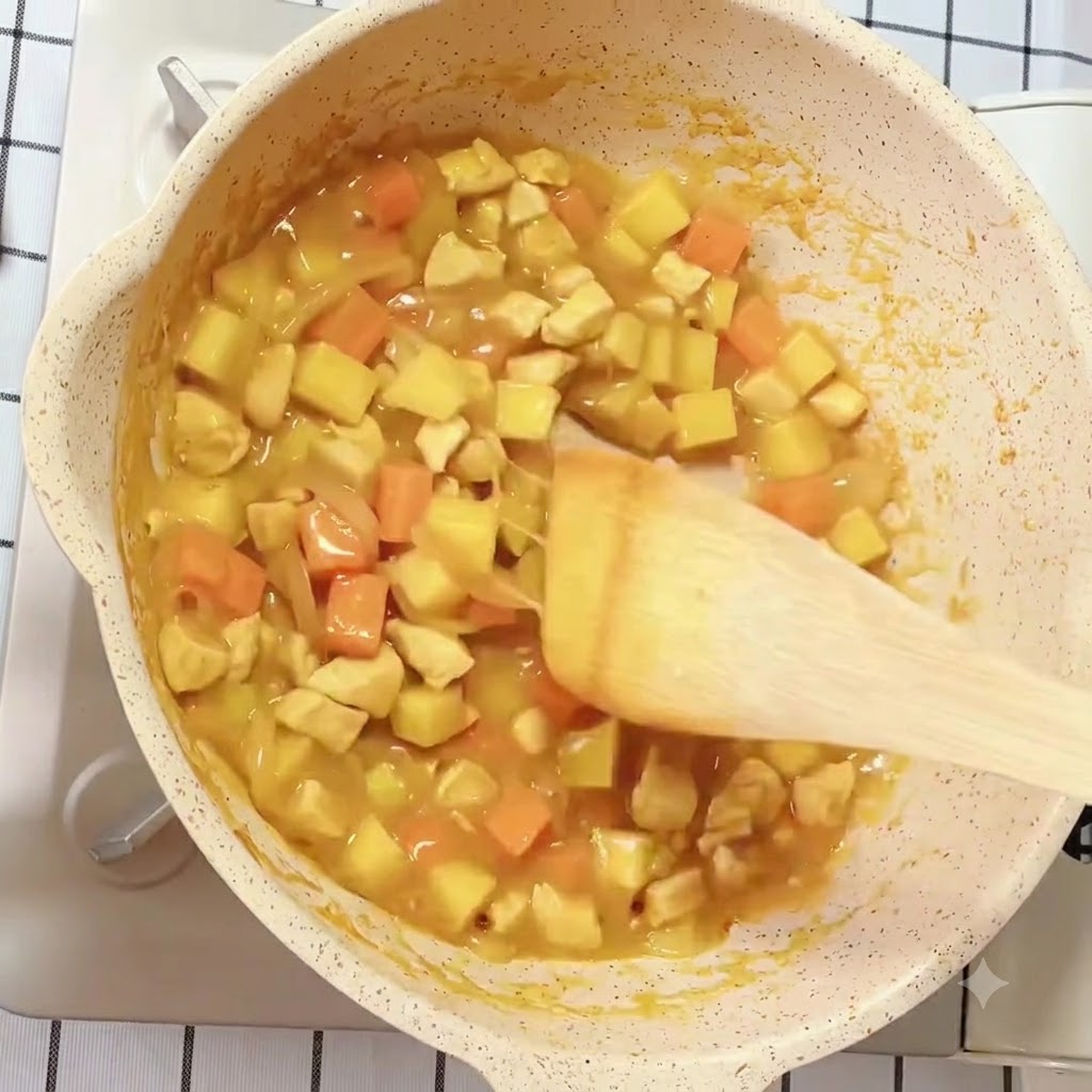 Curry sauce with potatoes, carrots, and chicken simmering and reducing in a pan.