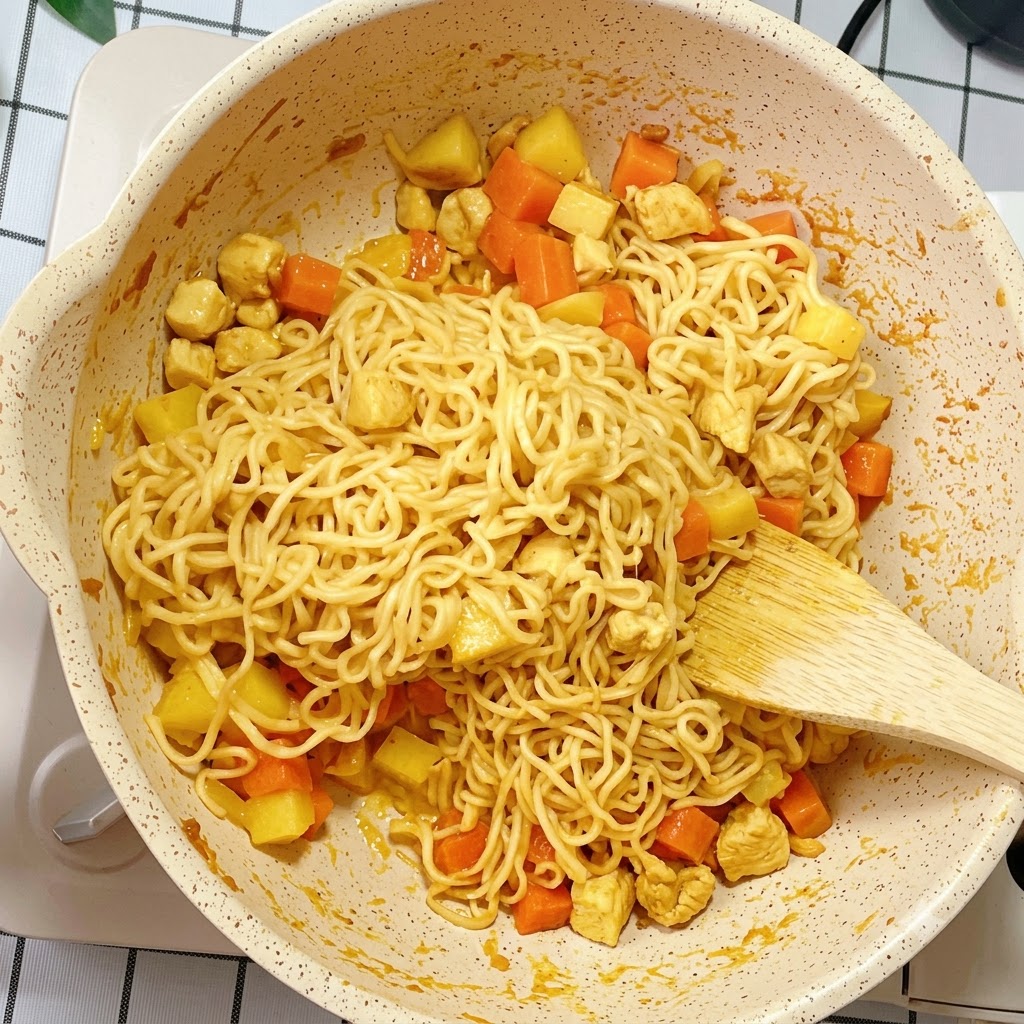 Instant noodles and curry ingredients being mixed and stir-fried evenly inside a cooking pan.