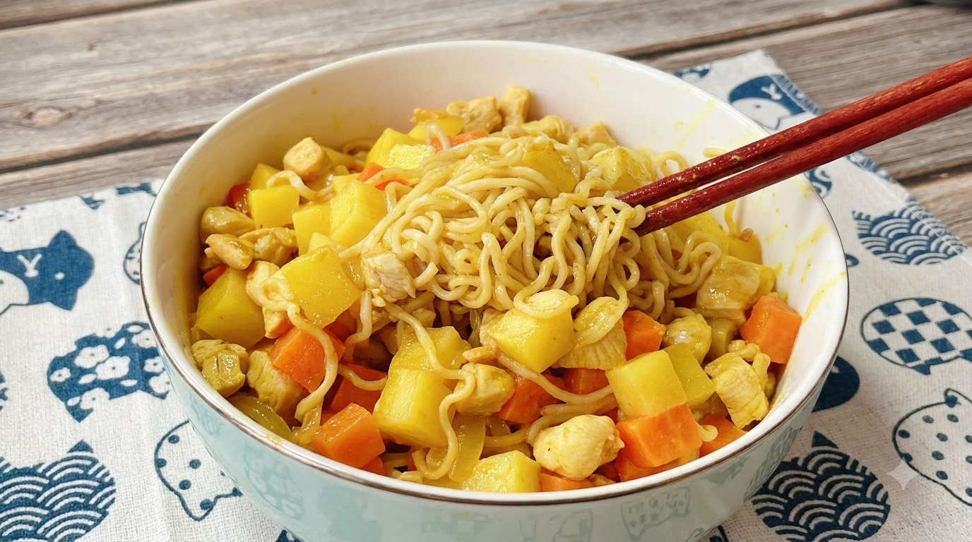 Quick Curry Chicken Noodles with Potatoes and Carrots