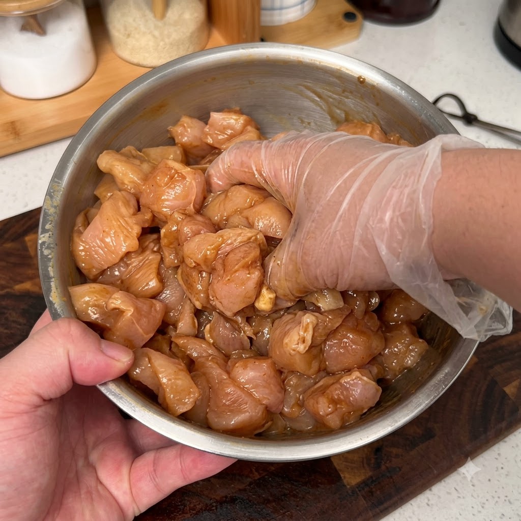 Raw chicken pieces in a metal mixing bowl being coated with seasonings by hand.