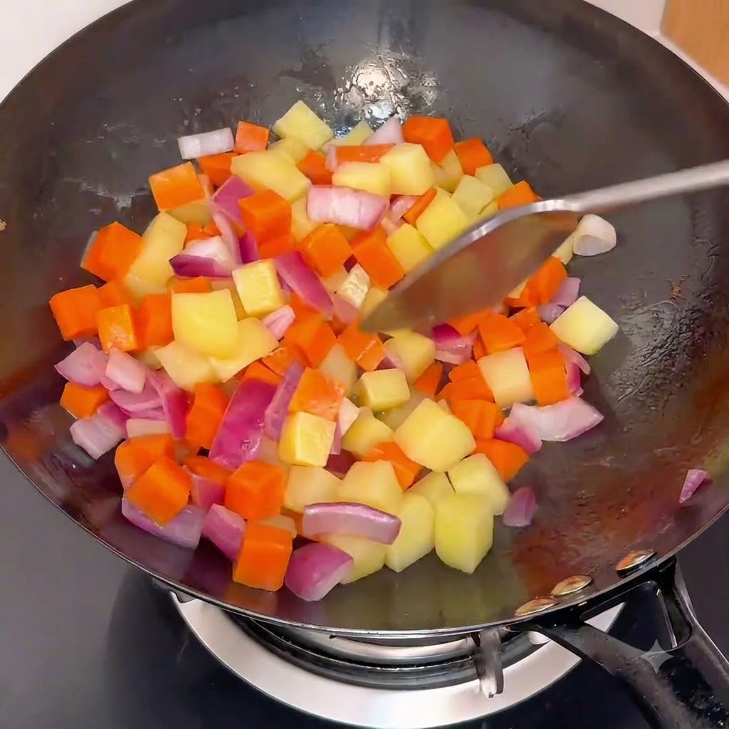 Cubed potatoes and carrots being mixed with onions in a hot wok.