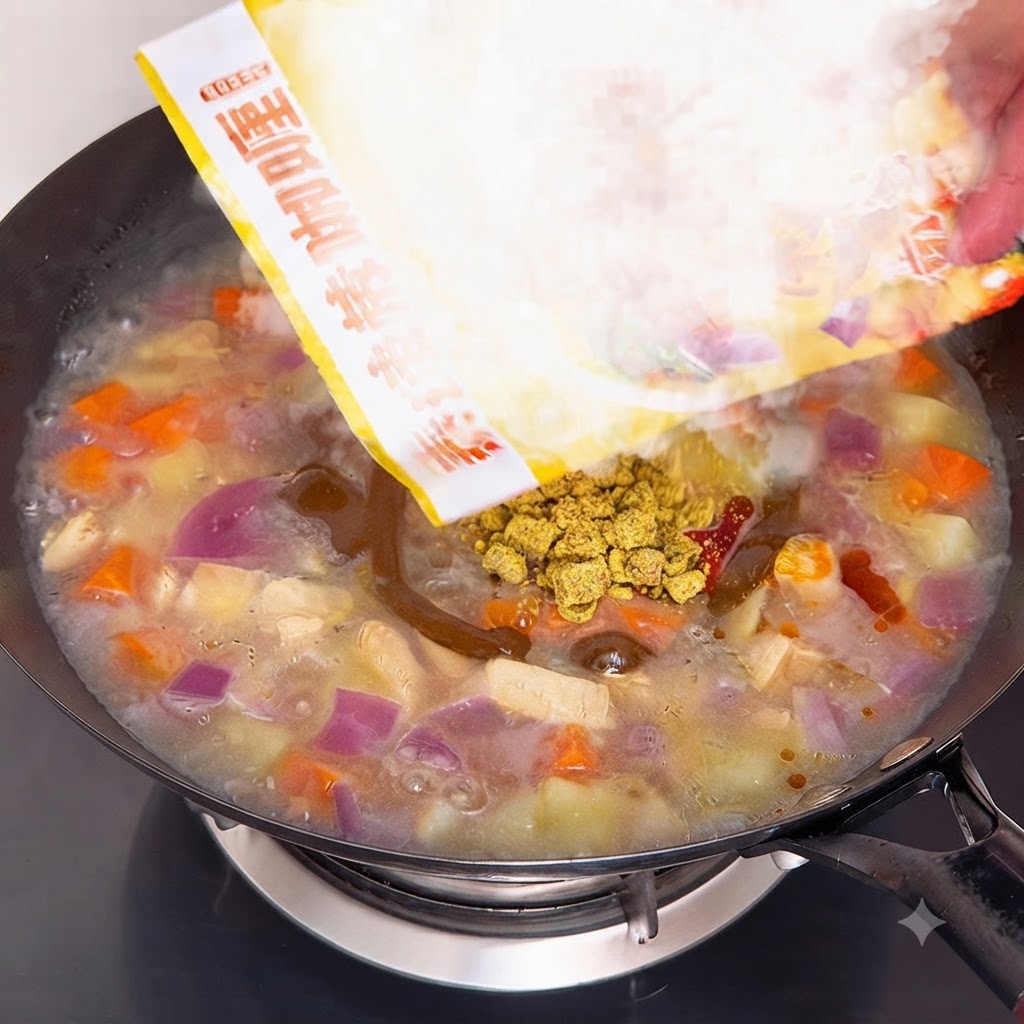 Curry cubes being added into the simmering pot of chicken, potatoes, and carrots with boiling water.