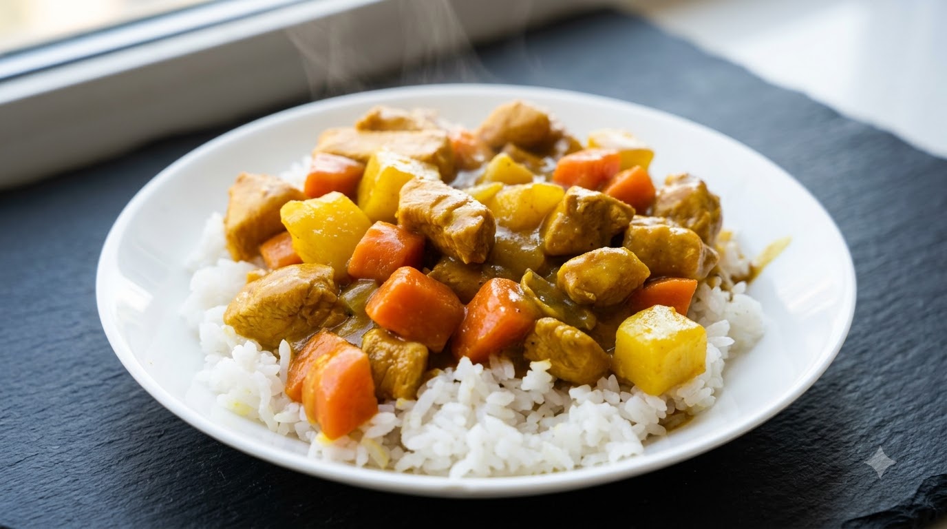 A white plate of fluffy white rice topped with a thick, glossy chicken curry containing tender chicken chunks, potatoes, and carrots.