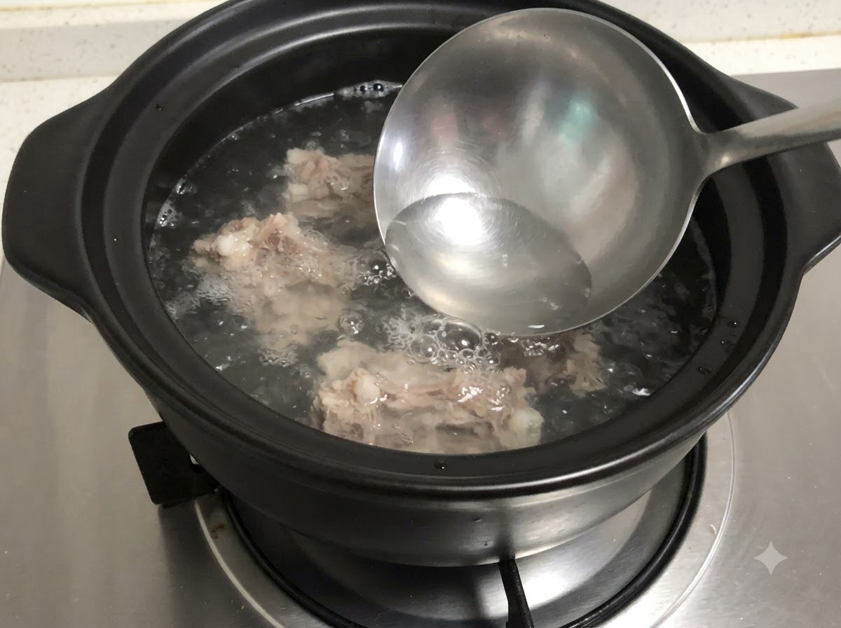 A ladle removing grey foam from boiling pork bones in a clay pot.