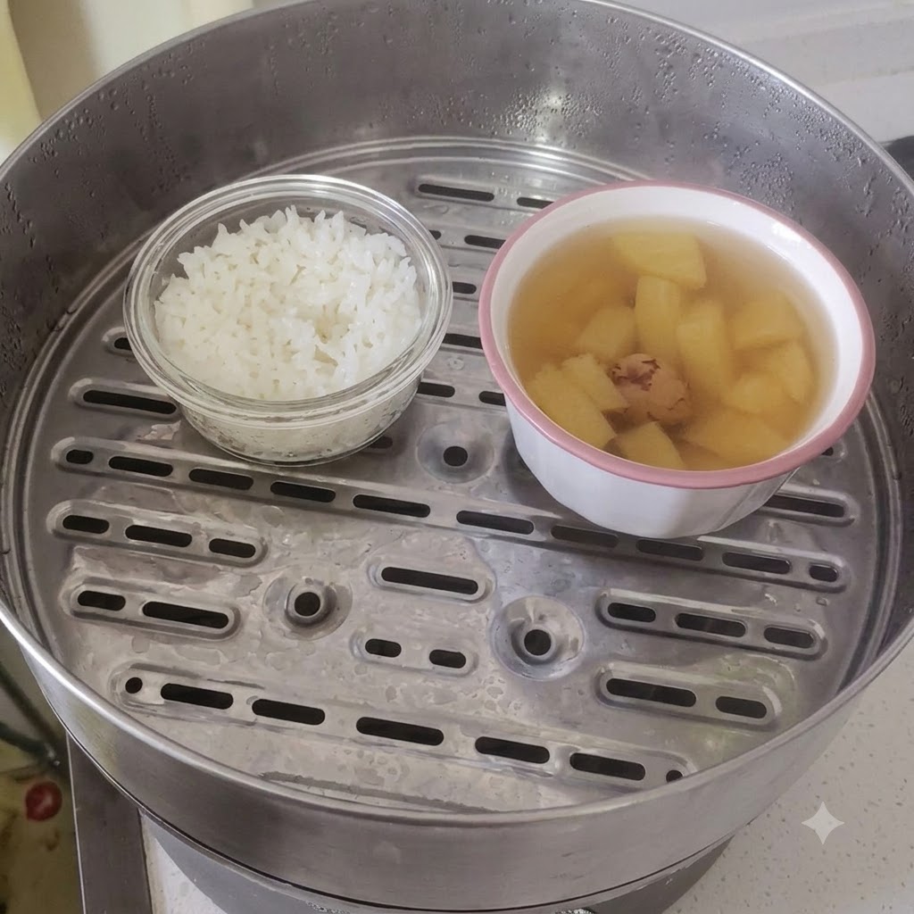 Chopsticks mixing cooked okra with steamed rice in a bowl.