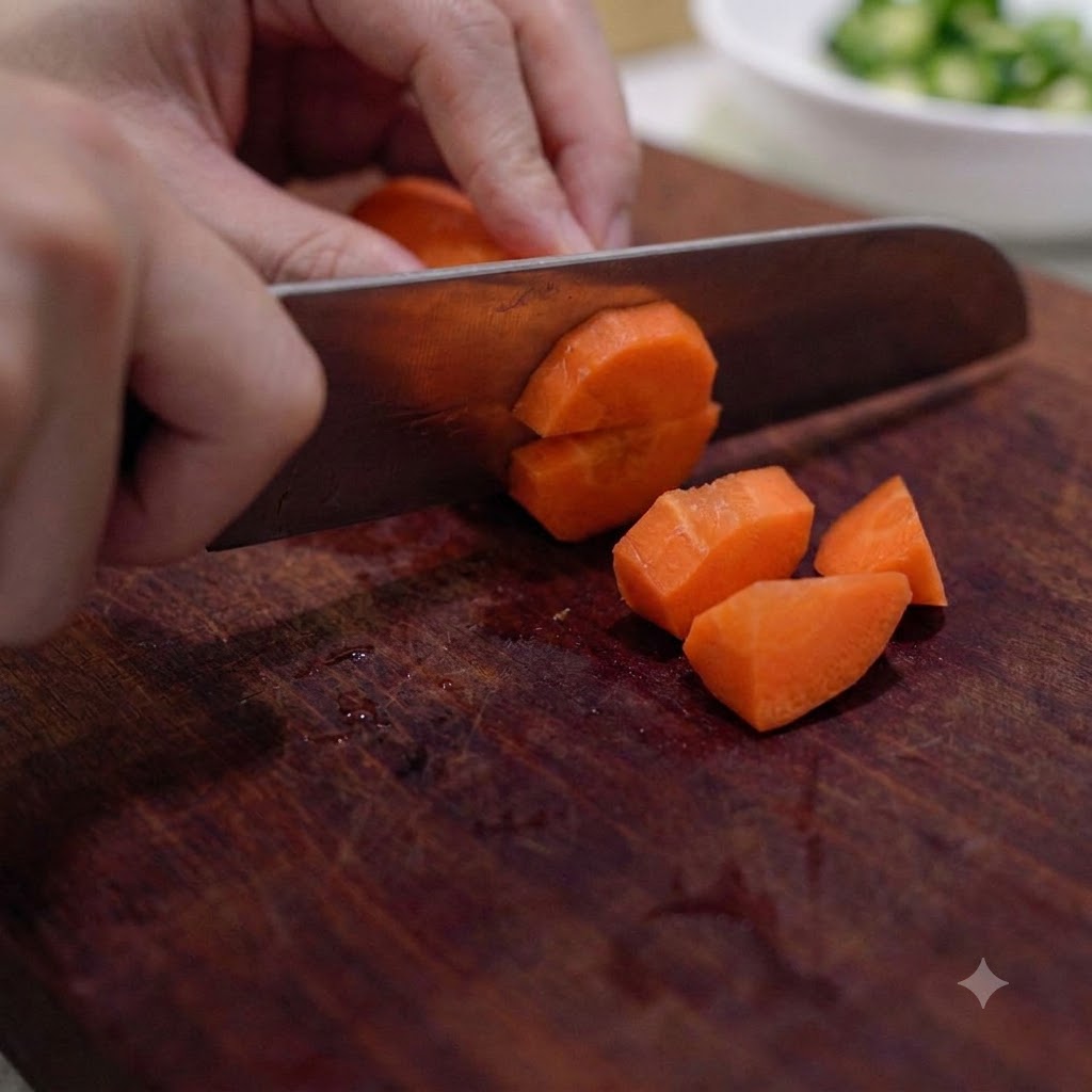 A fresh carrot being chopped into small pieces on a wooden cutting board with a kitchen knife.