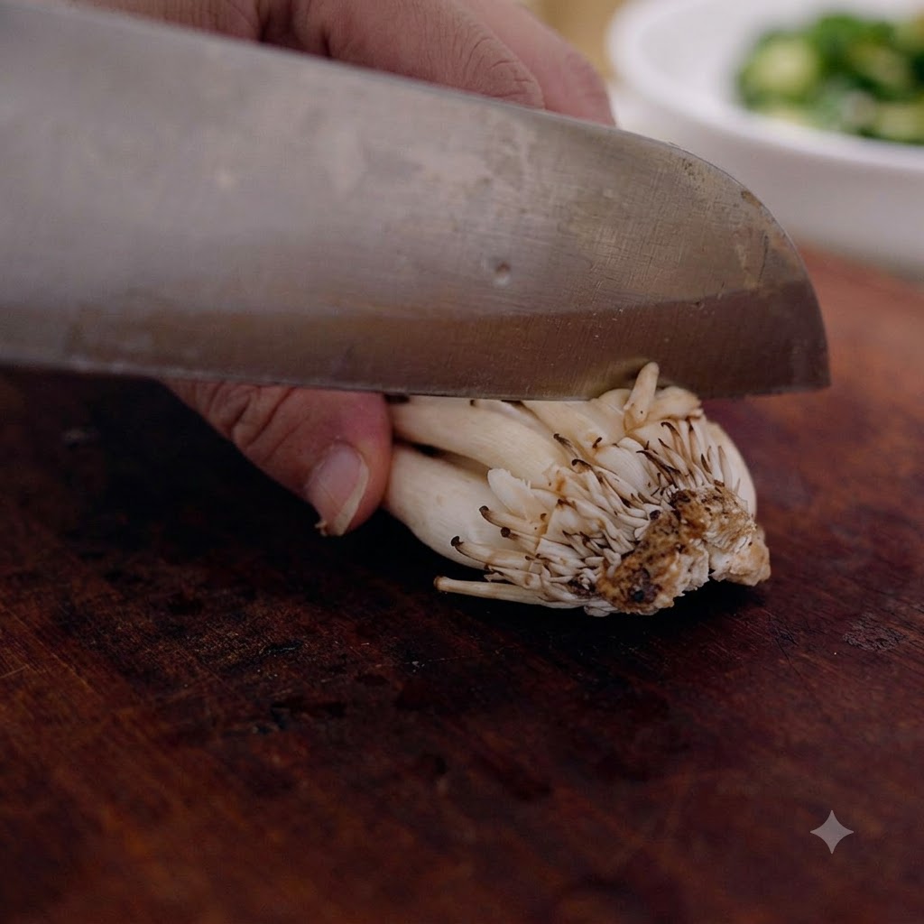 Shimeji mushrooms being trimmed at the base on a wooden cutting board.