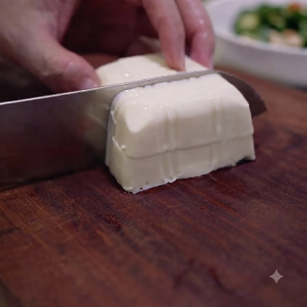 A block of white tender tofu being sliced into small cubes on a wooden cutting board.