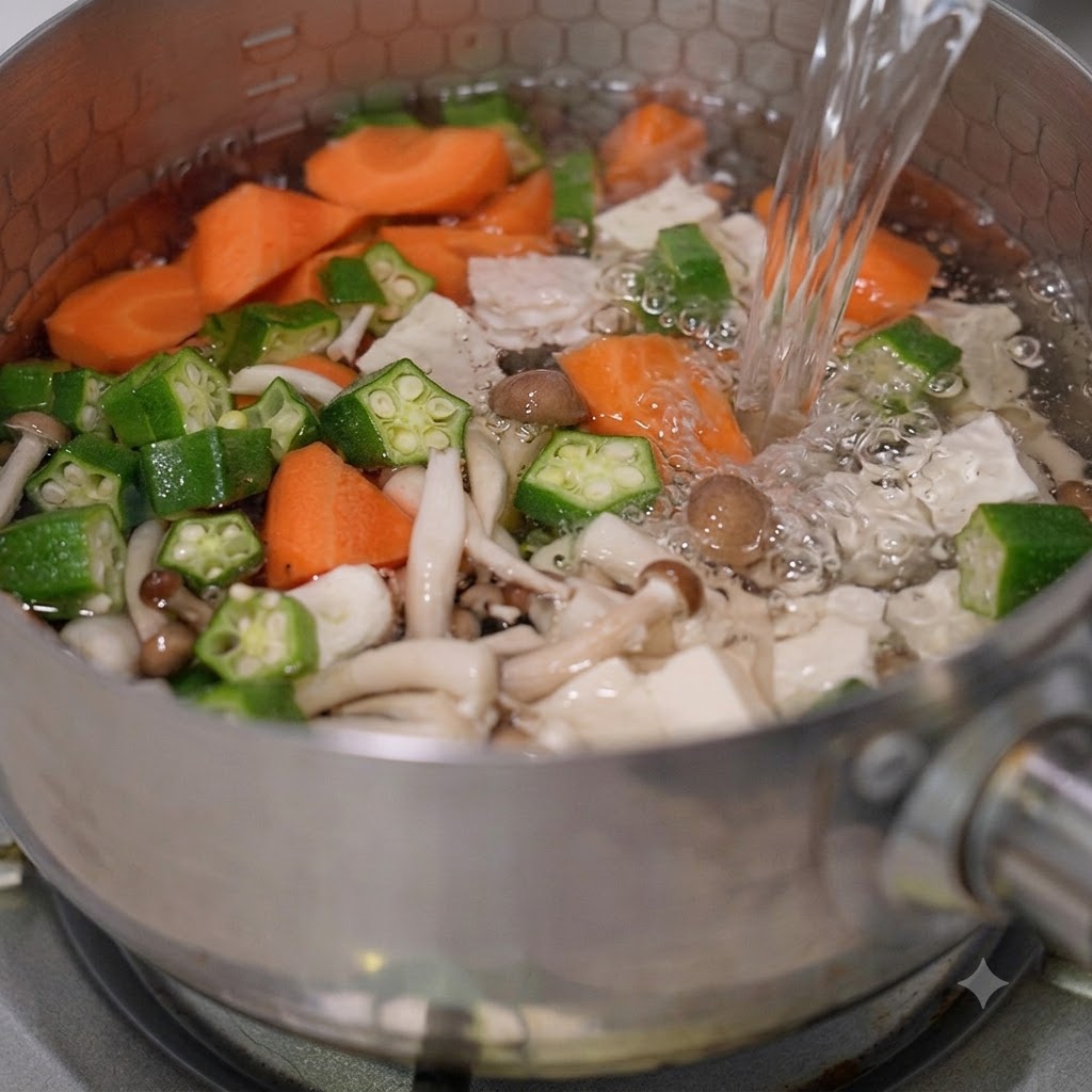 Boiling water being poured from a kettle into a pot filled with cut vegetables and tofu on a stove.