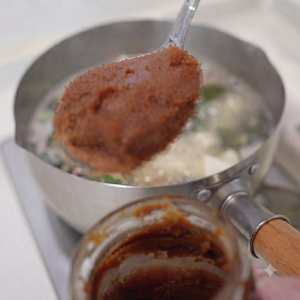 A spoonful of brown miso paste lifted over a jar with the pot of soup simmering in the background.
