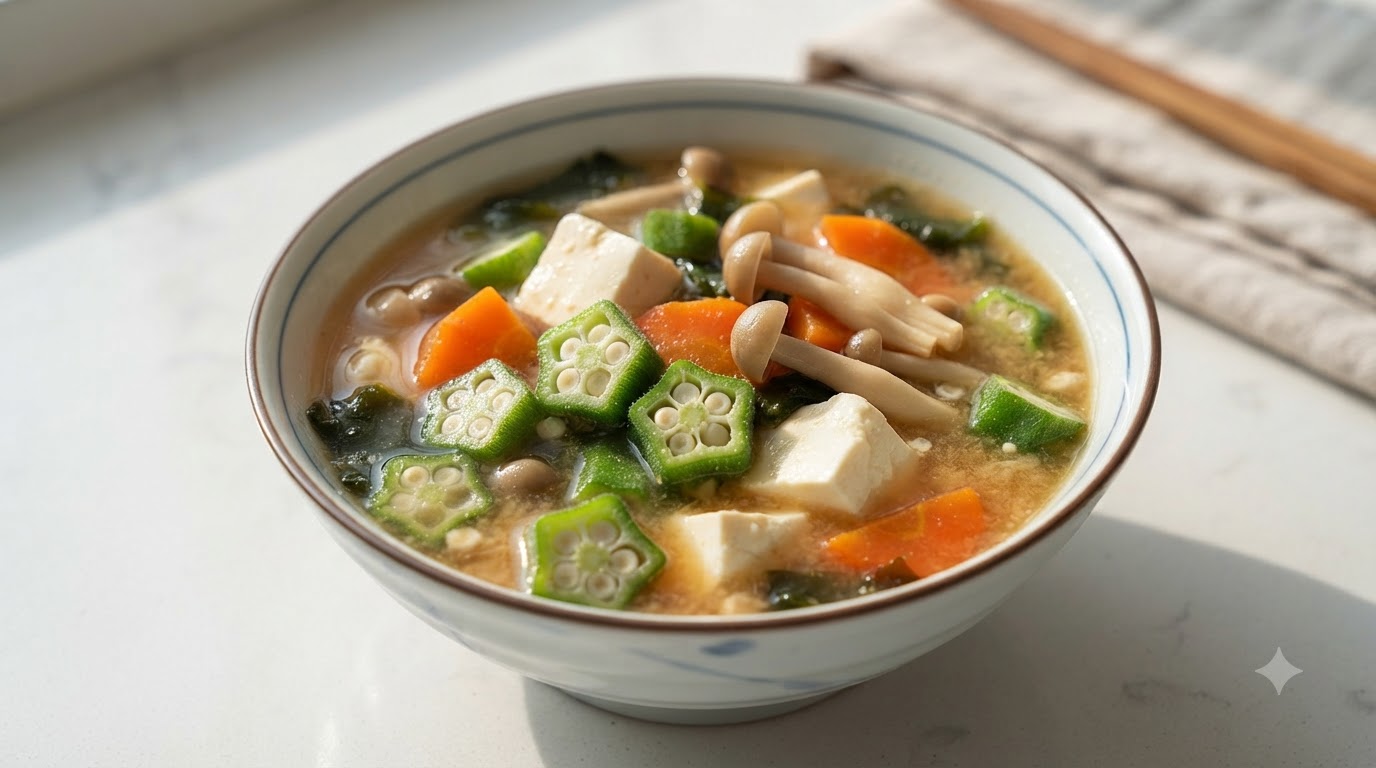 Nutritious Okra Miso Soup with Tofu and Mushrooms
