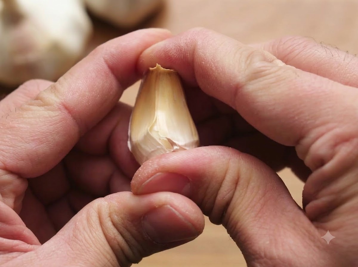 A pair of hands peeling the papery outer skin off a garlic clove and trimming the root.