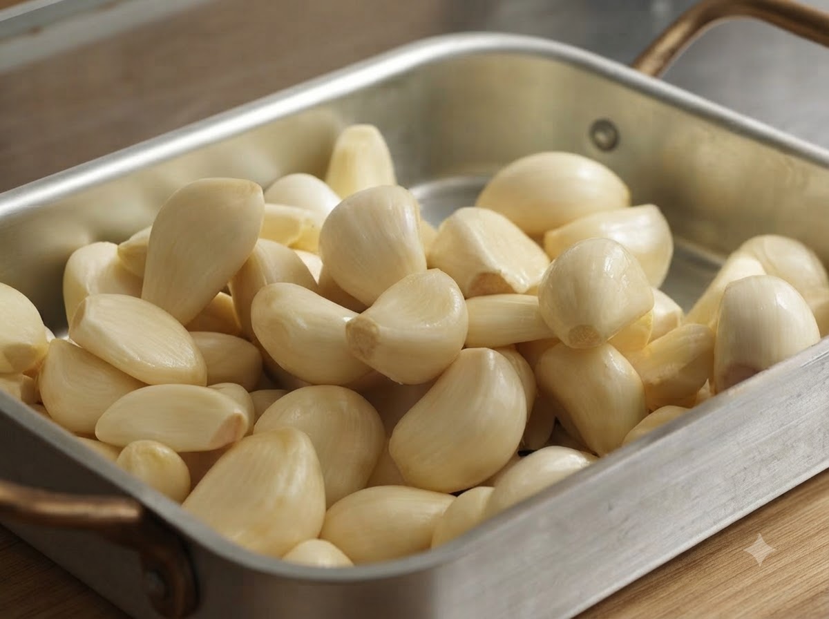 Peeled garlic cloves gathered inside a metal baking pan.