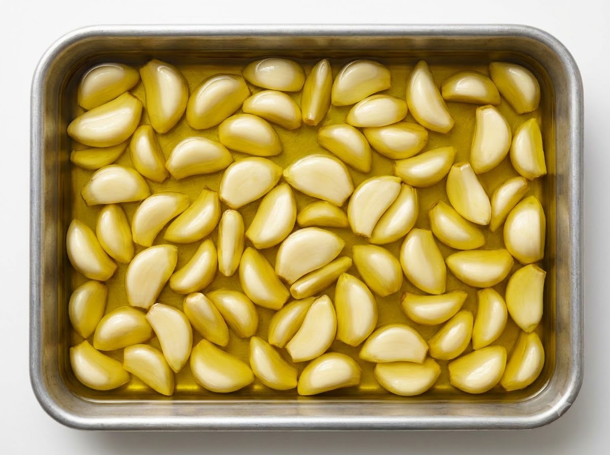Olive oil being poured from above to completely cover a layer of peeled garlic cloves in a metal pan.
