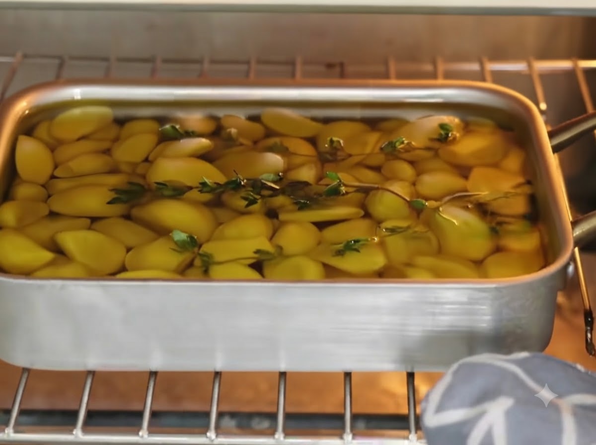 A baking pan containing garlic, oil, and thyme being slid into an oven rack.