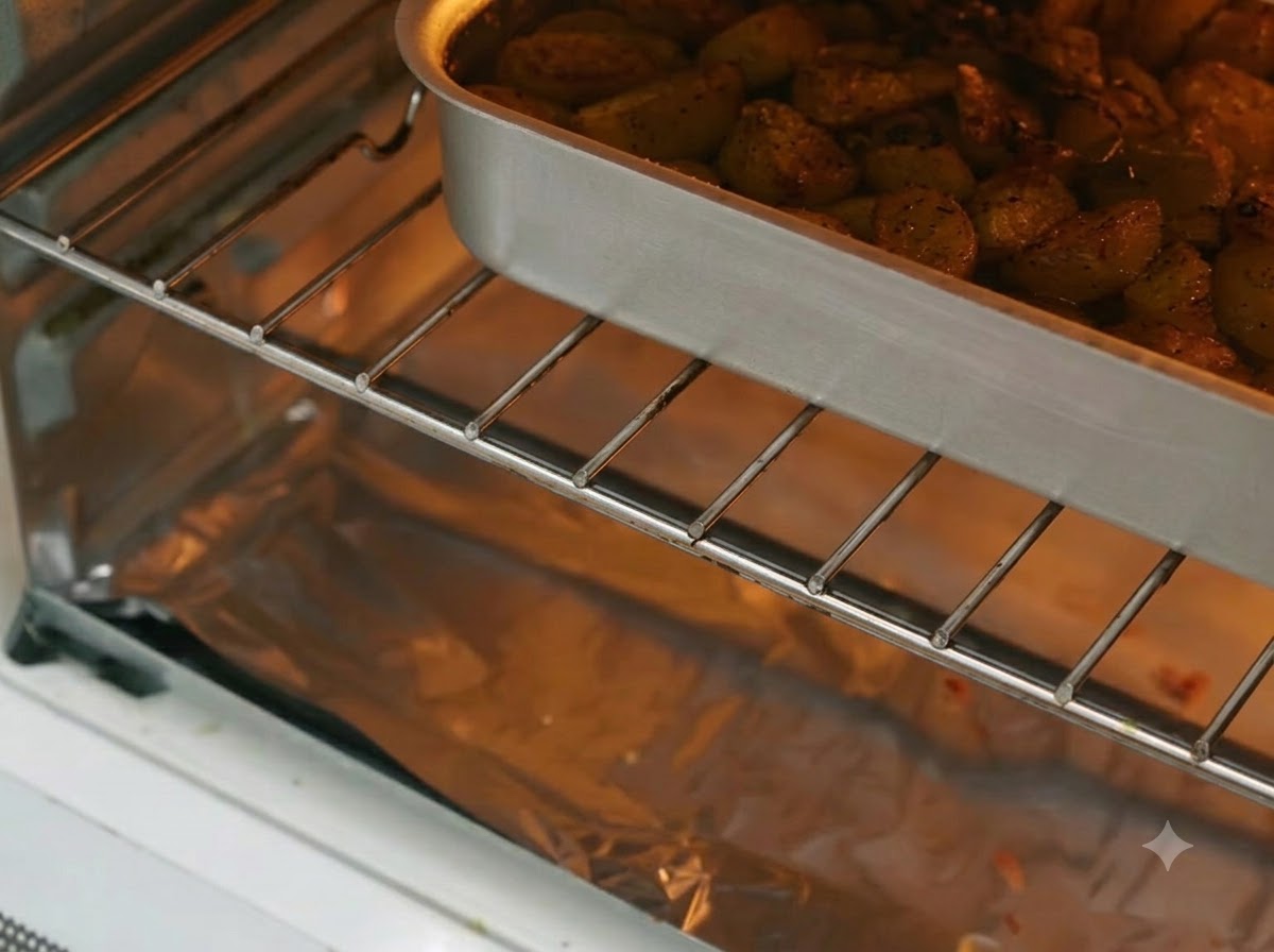 A baking pan pulled out of the oven showing roasted golden brown garlic cloves.