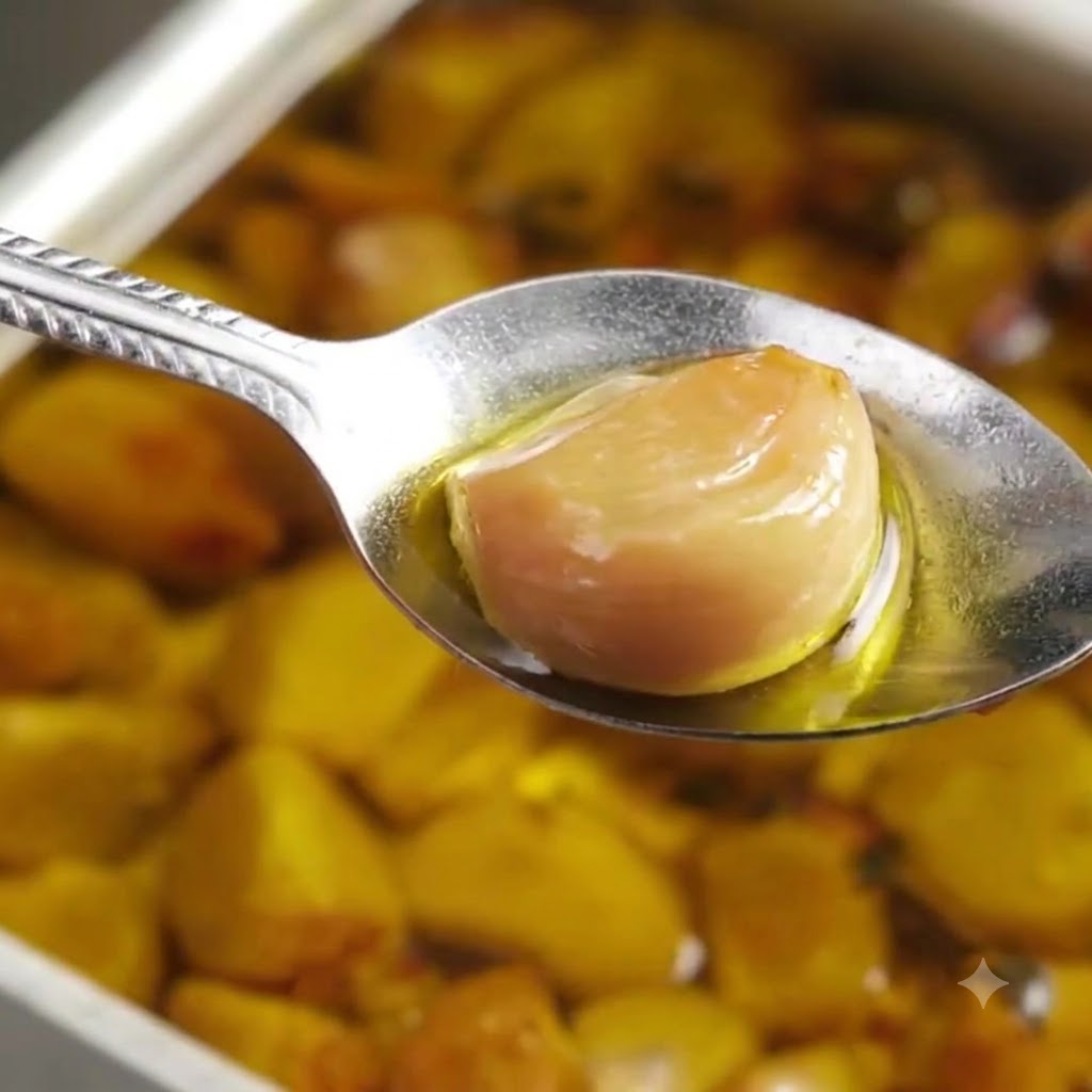 A close-up shot of a spoon pressing a golden roasted garlic clove into a smooth paste.